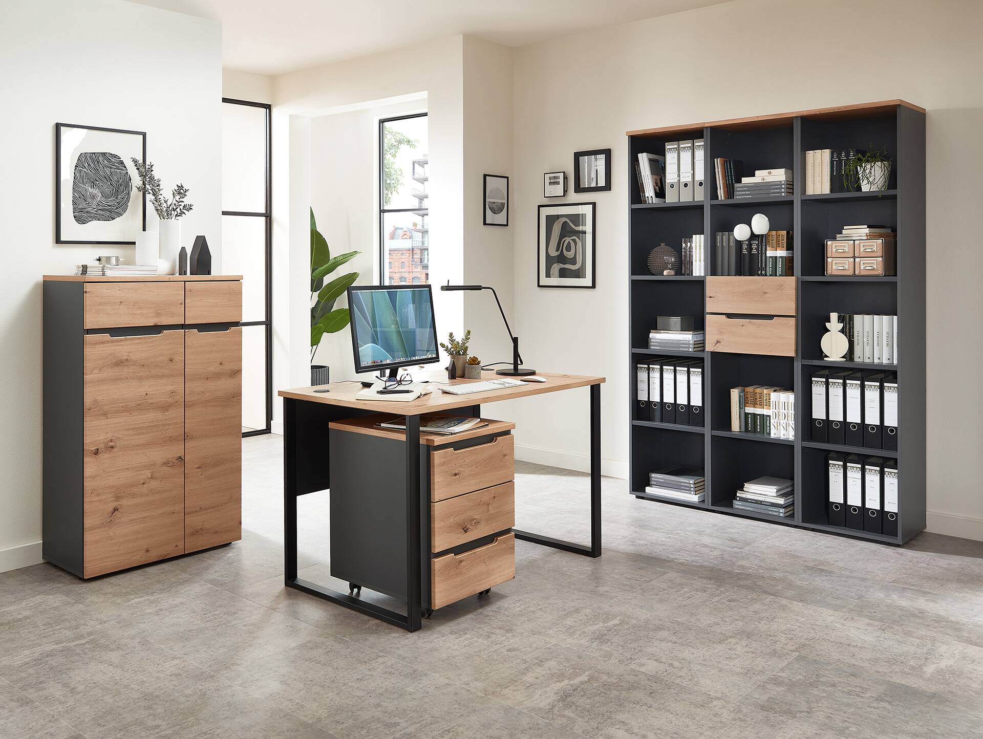 MAILAND Büroregal III, Material Dekorspanplatte Artisan Eichefarbig / Graphit