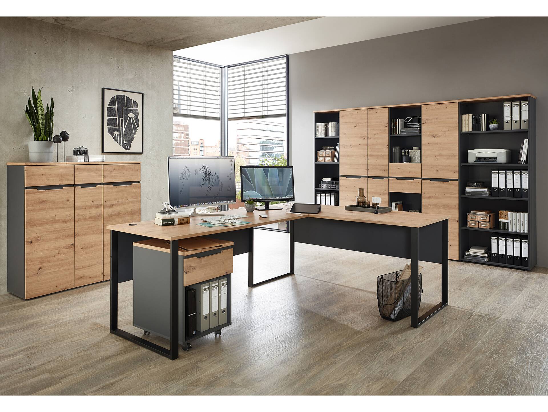 MAILAND Rollcontainer I, Material Dekorspanplatte Artisan Eichefarbig / Graphit