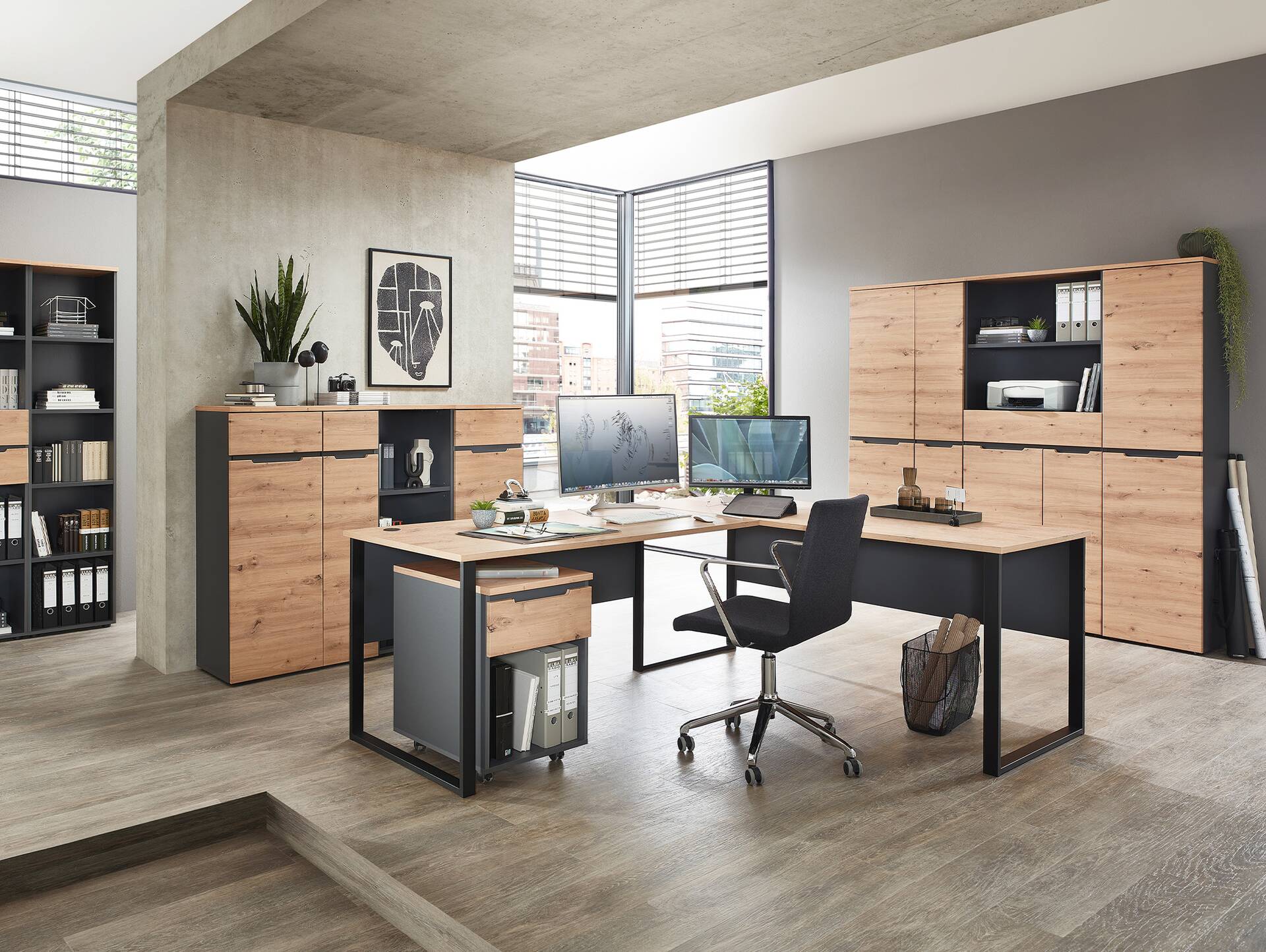 MAILAND Winkelkombination, Material Dekorspanplatte Artisan Eichefarbig / Graphit