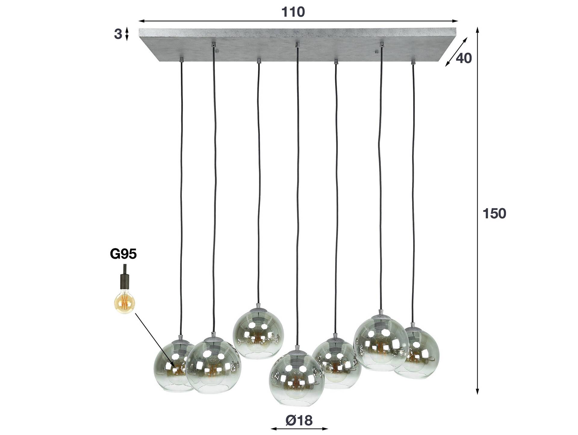 GALETTO Hängelampe, 7-flammig, Glasschirme Rauchglas 