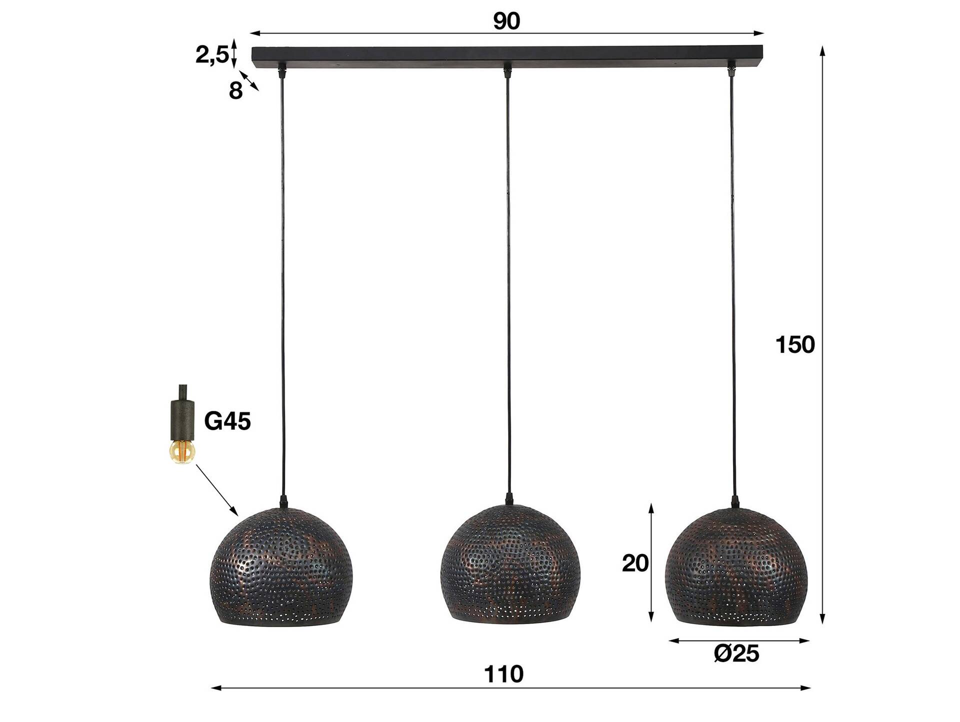 BACCO Hängelampe, 3-flammig, Material Metall, Schwarz/braun 