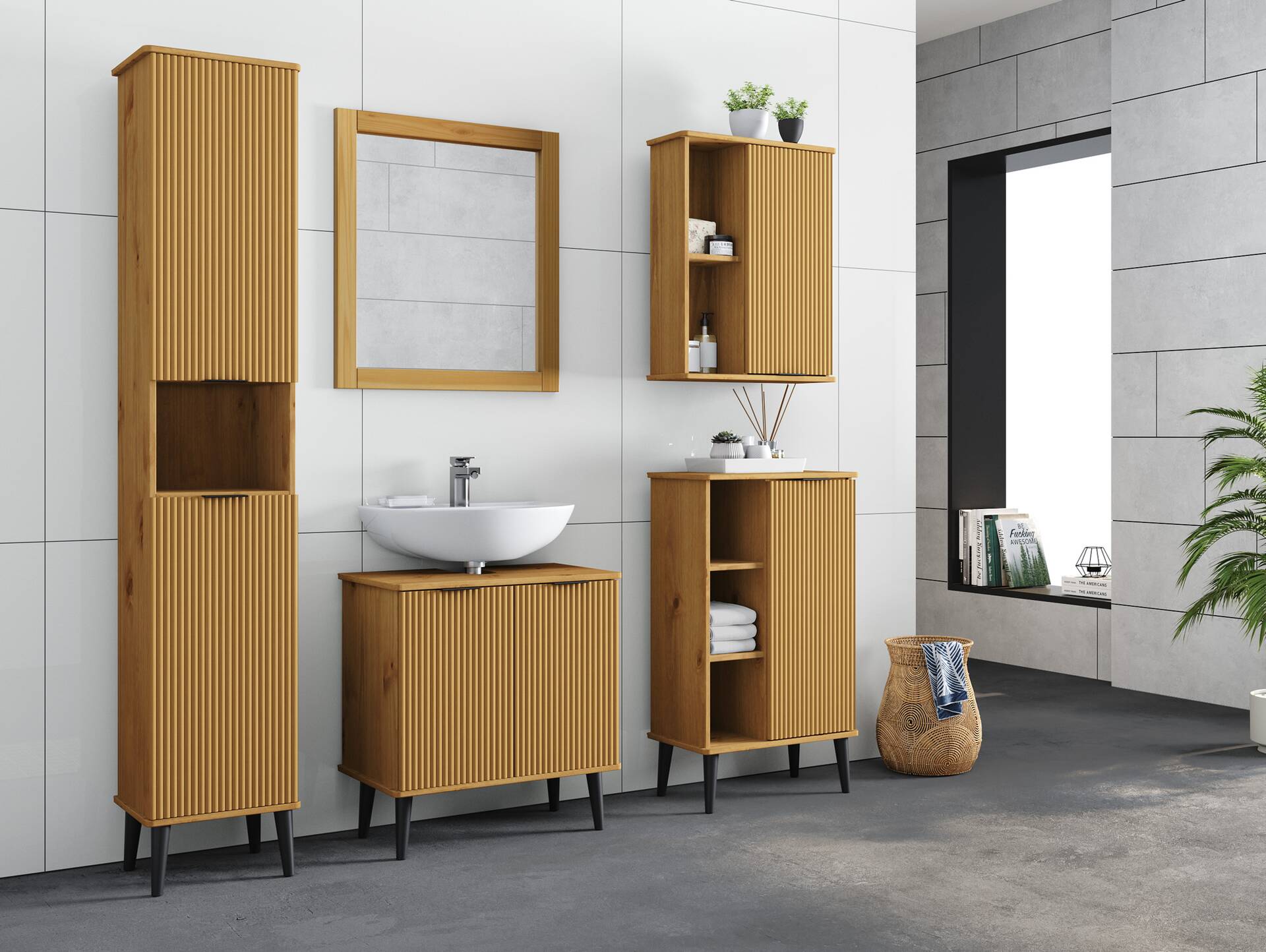 BOGOTA Waschbeckenunterschrank, Material Massivholz, Kiefer eichefarbig 