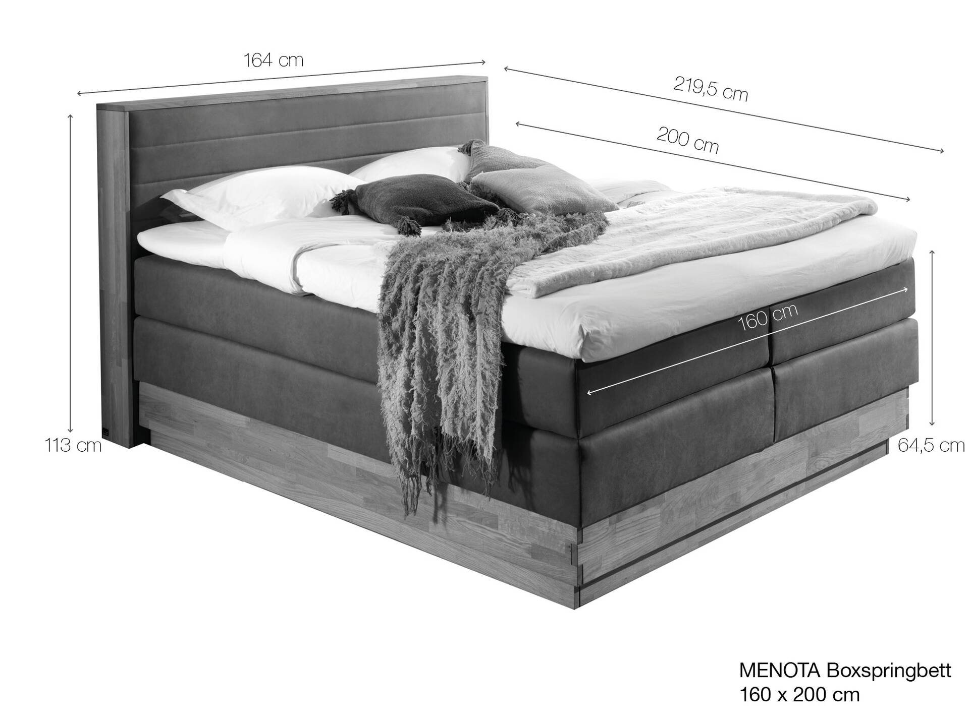 MENOTA Boxspringbett mit Bettkasten, massivem Holzrahmen und Bezug im Vintage Look 160 x 200 cm | grau | Härtegrad 2