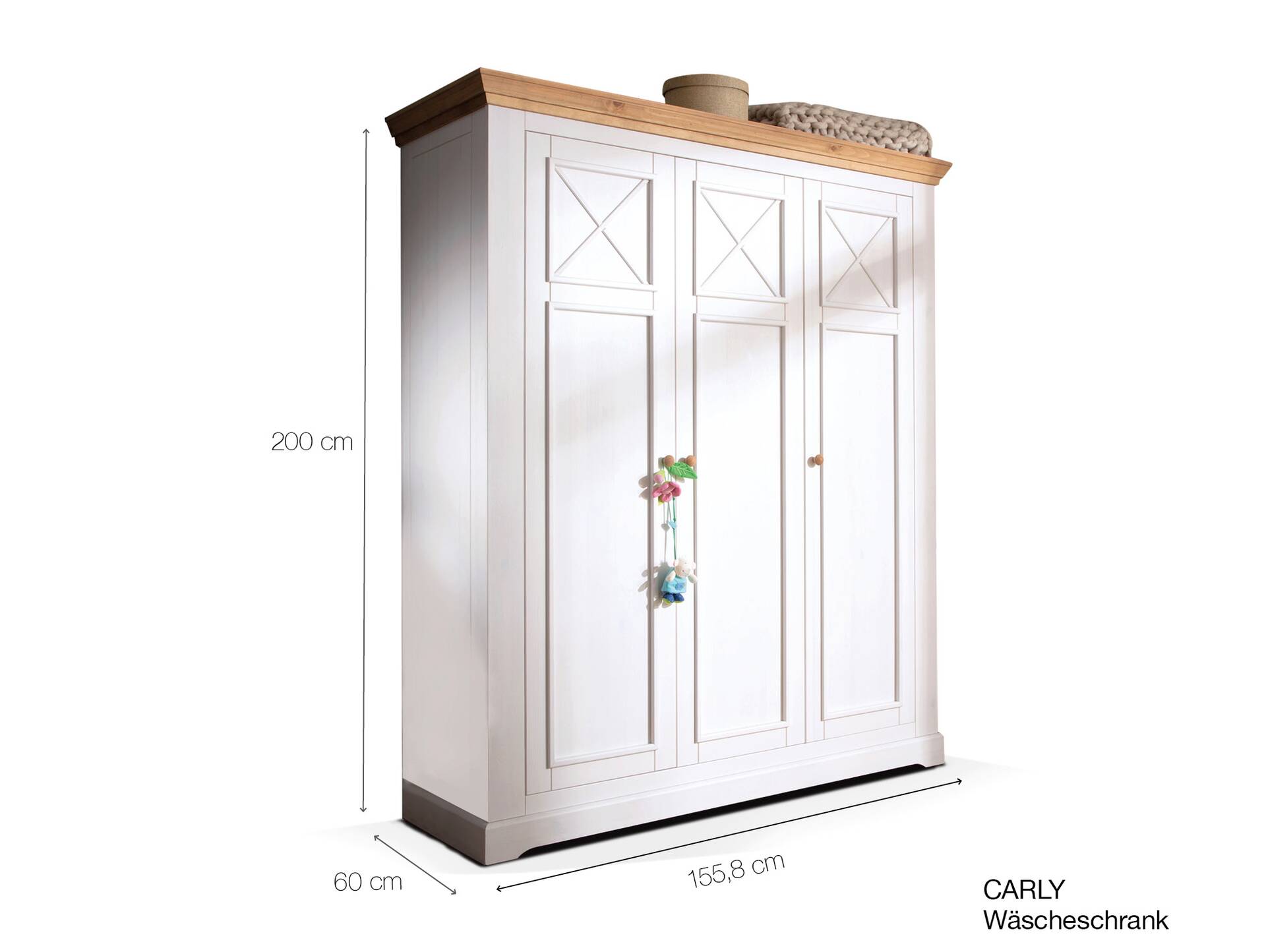 CARLY Kleiderschrank 3trg, Material Massivholz, Kiefer weiss/eichefarbig 