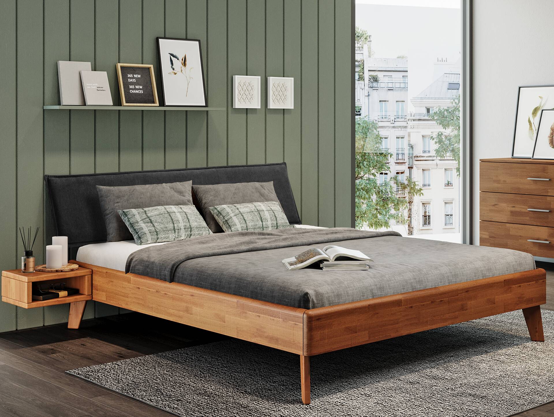 CALIDO 4-Fuß-Bett mit Polsterkopfteil, Material Massivholz 200 x 220 cm | Buche nussbaumfarbig gedämpft | Stoff Anthrazit | Standardhöhe