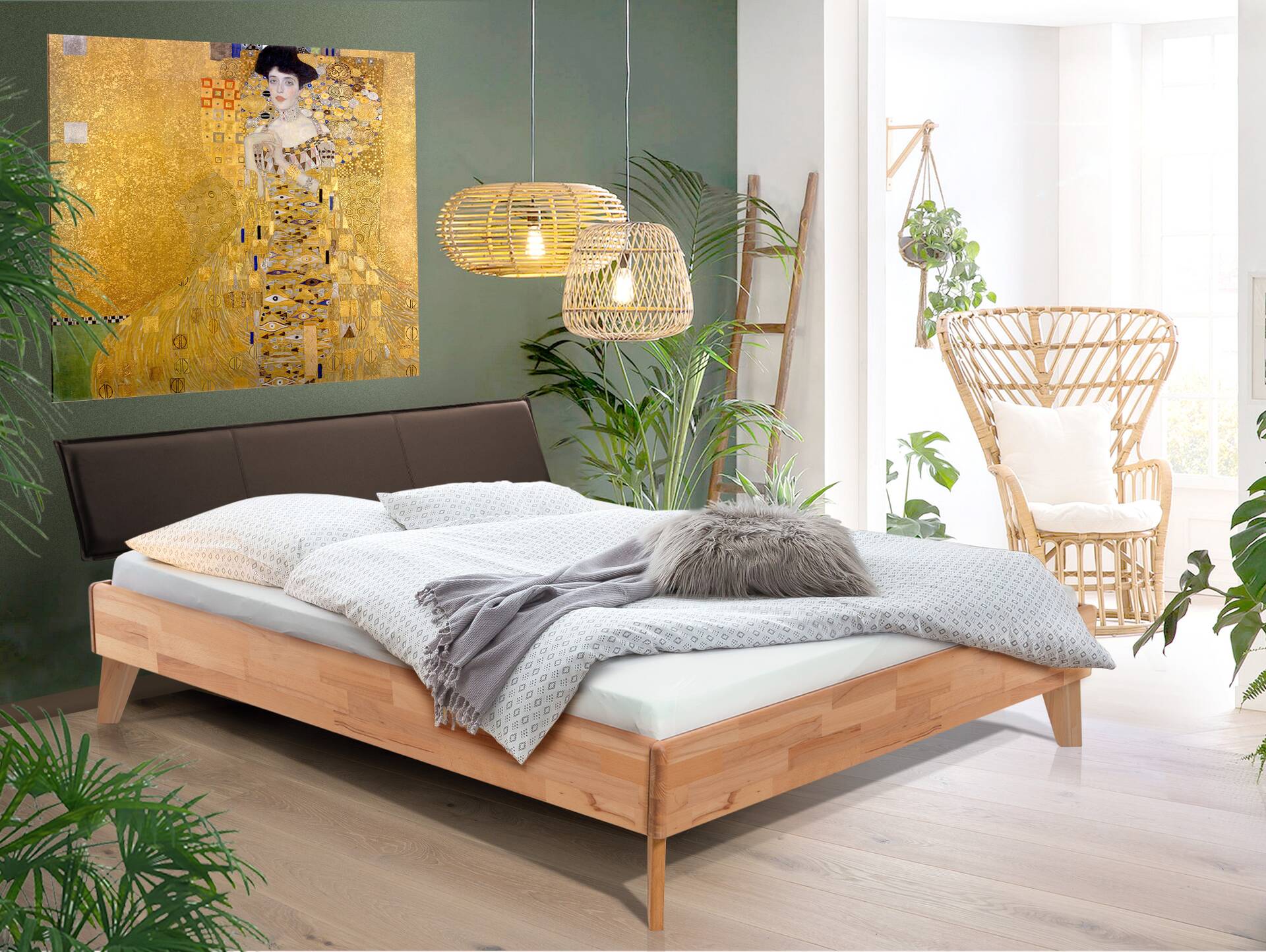 CALIDO 4-Fuß-Bett mit Polsterkopfteil, Material Massivholz 120 x 200 cm | Buche geölt | Kunstleder Braun | Standardhöhe