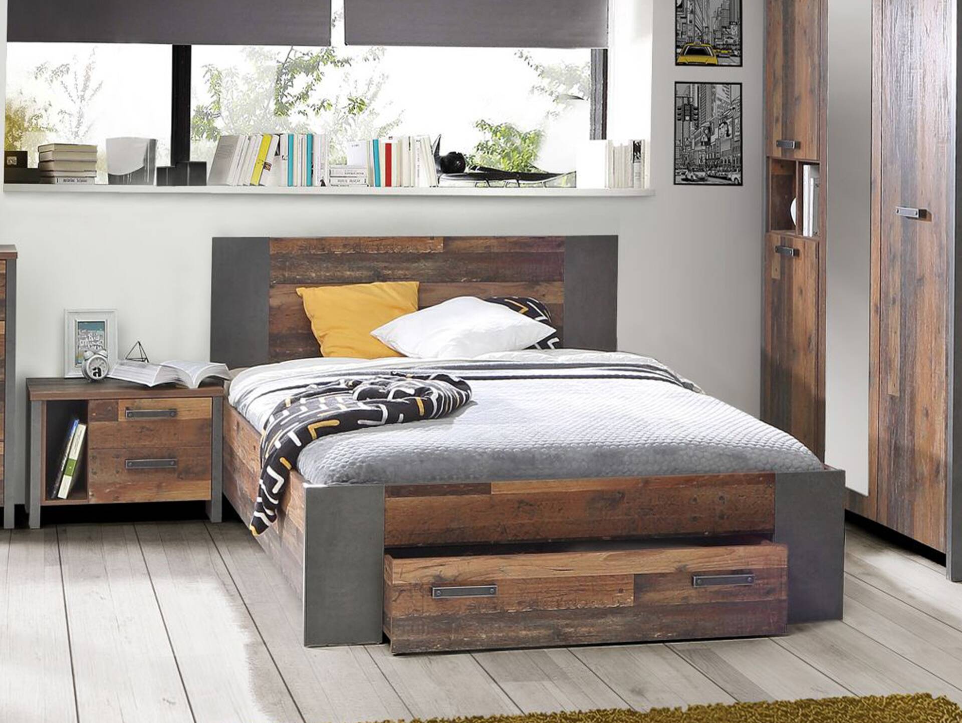 CASSIA Bett, Material Dekorspanplatte, Old Wood Vintage Nachbildung/betonfarbig 