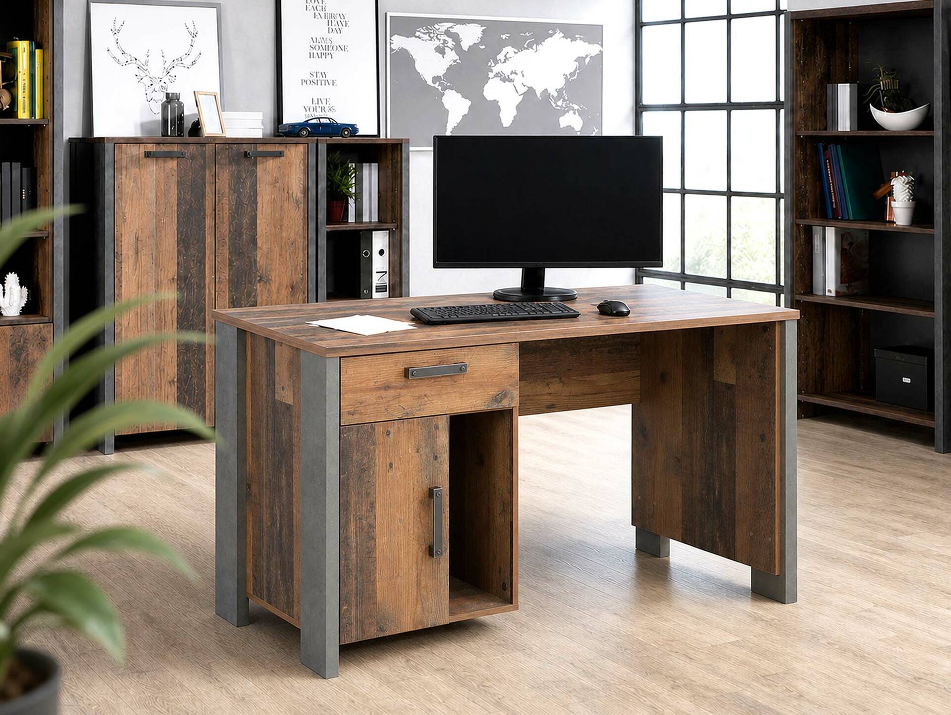 CASSIA Schreibtisch, Material Dekorspanplatte, Old Wood Vintage/betonfarbig 