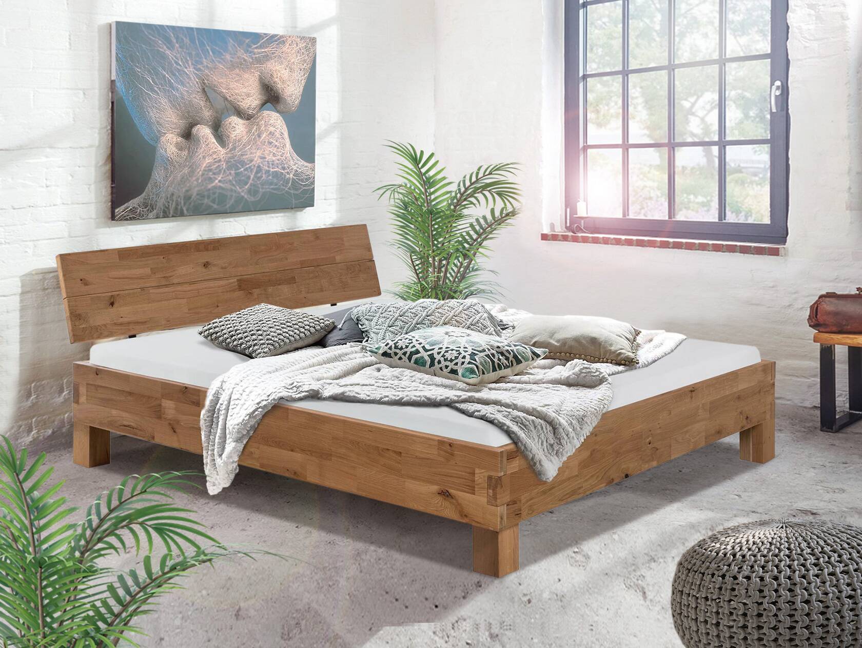 CORDINO 4-Fuß-Bett aus Eiche, Material Massivholz, mit/ohne Kopfteil 200 x 220 cm | Eiche unbehandelt | gebürstet | mit Kopfteil