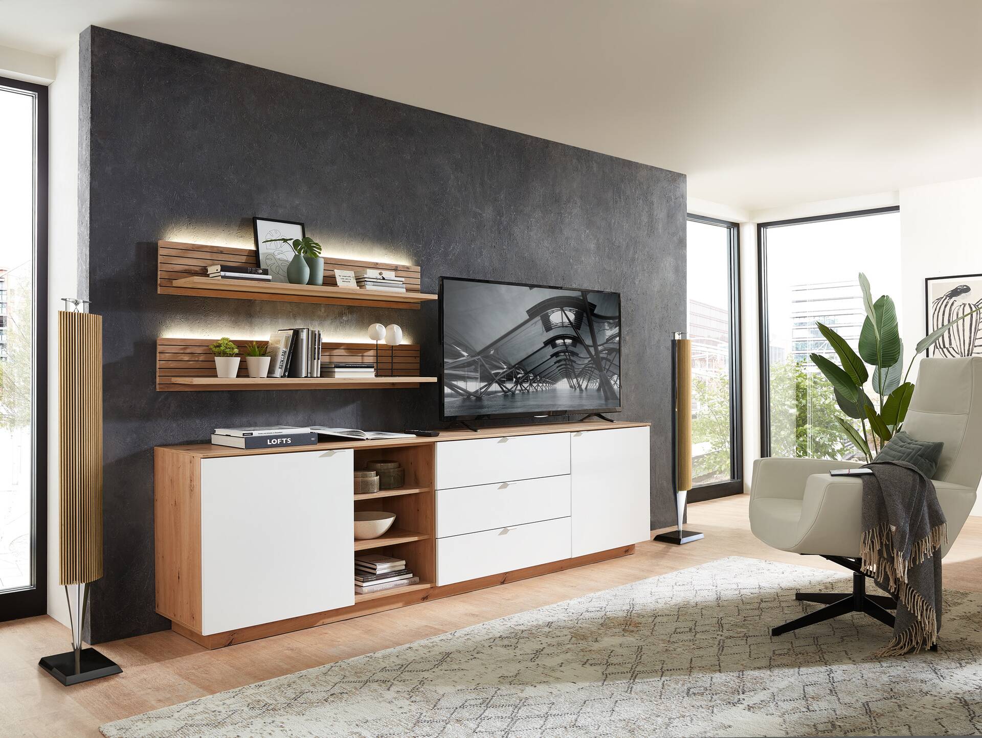 CASSINO TV-Sideboard II, Material Dekorspanplatte, Artisan Eiche Nachbildung weiss