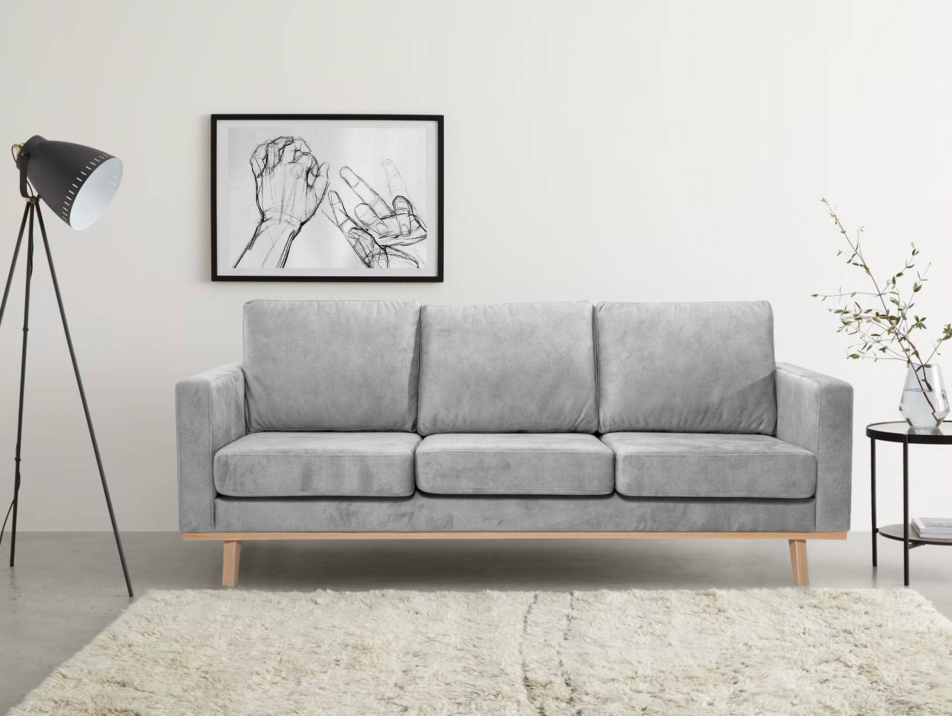 CORIN 3-Sitzer Sofa mit Echtholz-Untergestell, Bezug in Velour-Optik Silbergrau