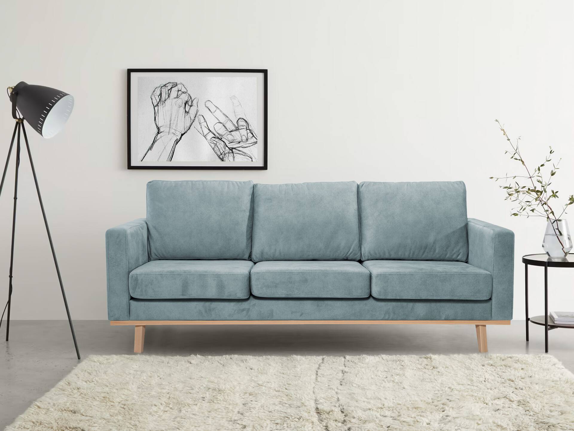 CORIN 3-Sitzer Sofa mit Echtholz-Untergestell, Bezug in Velour-Optik Mint