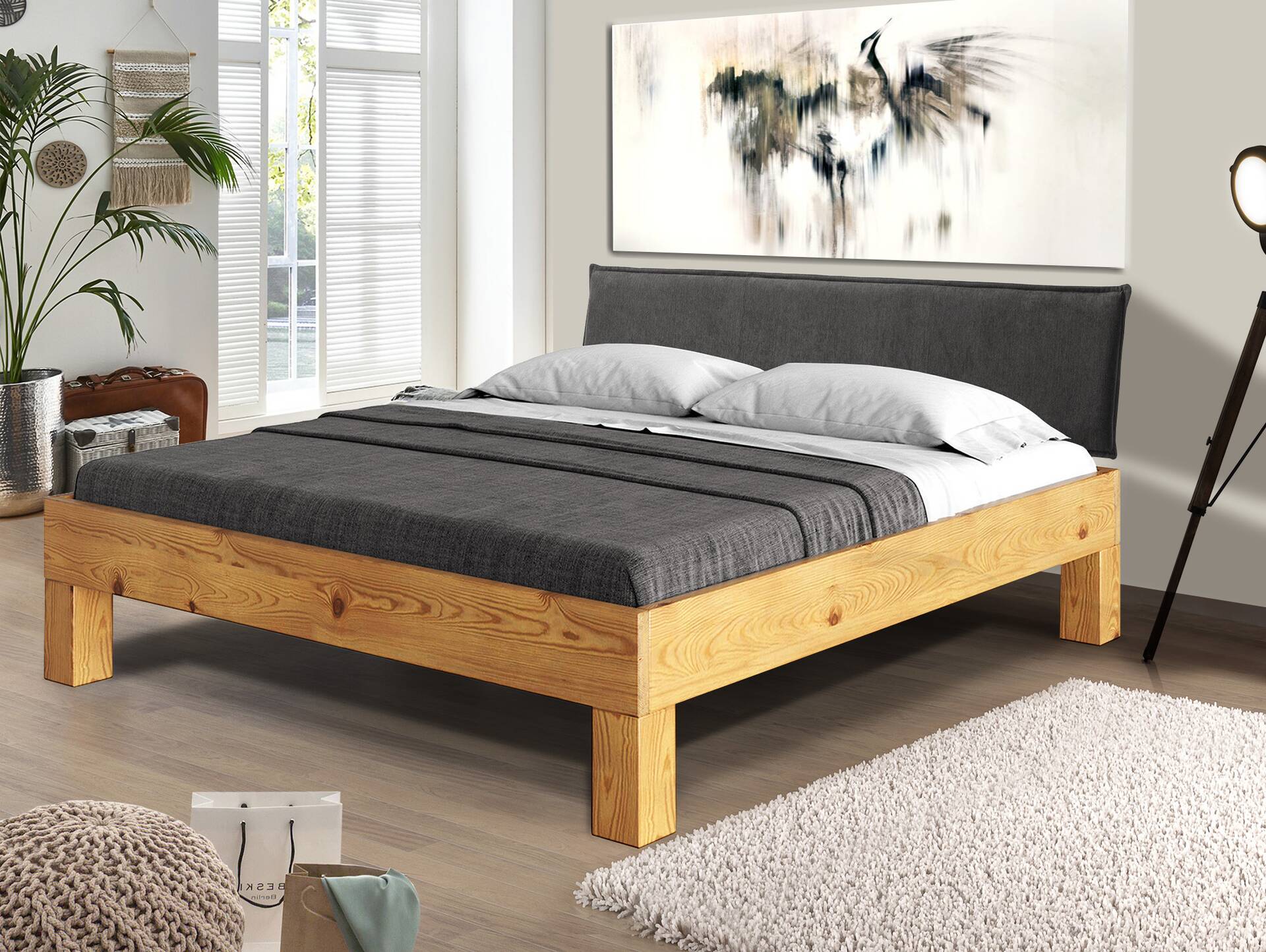 CURBY 4-Fuß-Bett mit Polster-Kopfteil, Material Massivholz, rustikale Altholzoptik, Fichte 90 x 200 cm | natur | Stoff Anthrazit ohne Steppung | Standardhöhe