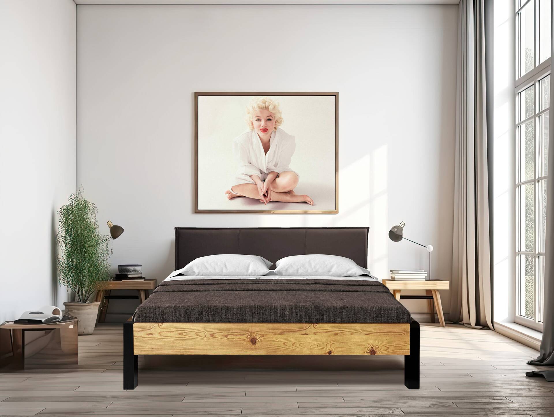 CURBY Bett mit Metallfuß und Polsterkopfteil, Material Massivholz, rustikale Altholzoptik, Fichte 120 x 200 cm | natur | Kunstleder Braun ohne Steppung