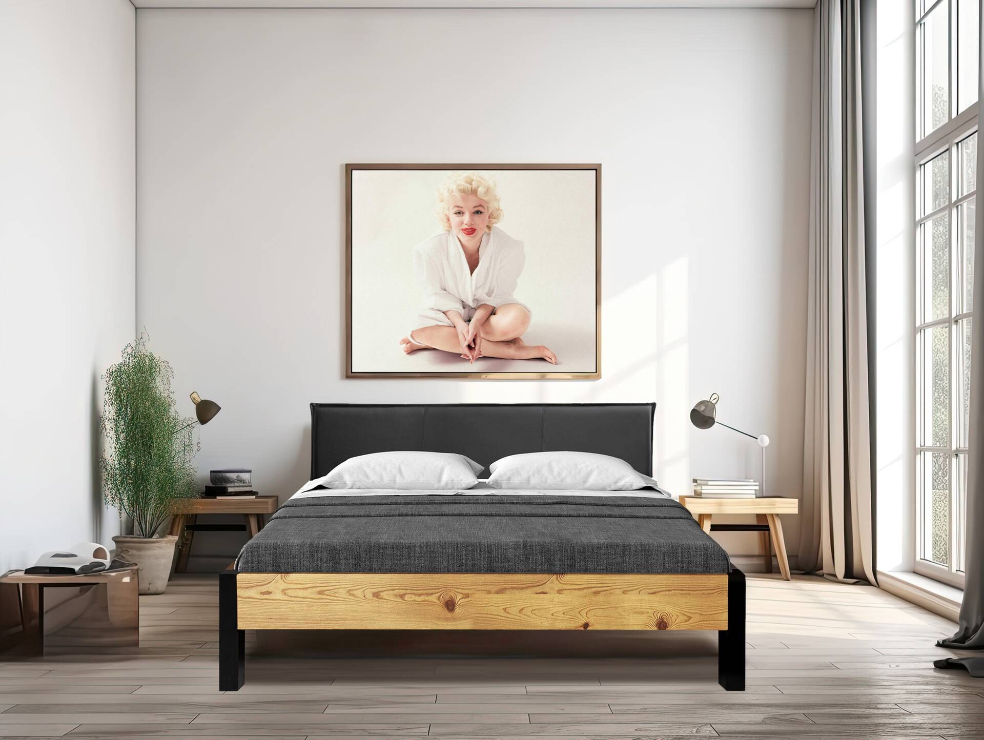 CURBY Bett mit Metallfuß und Polsterkopfteil, Material Massivholz, rustikale Altholzoptik, Fichte 140 x 200 cm | natur | Kunstleder Schwarz ohne Steppung