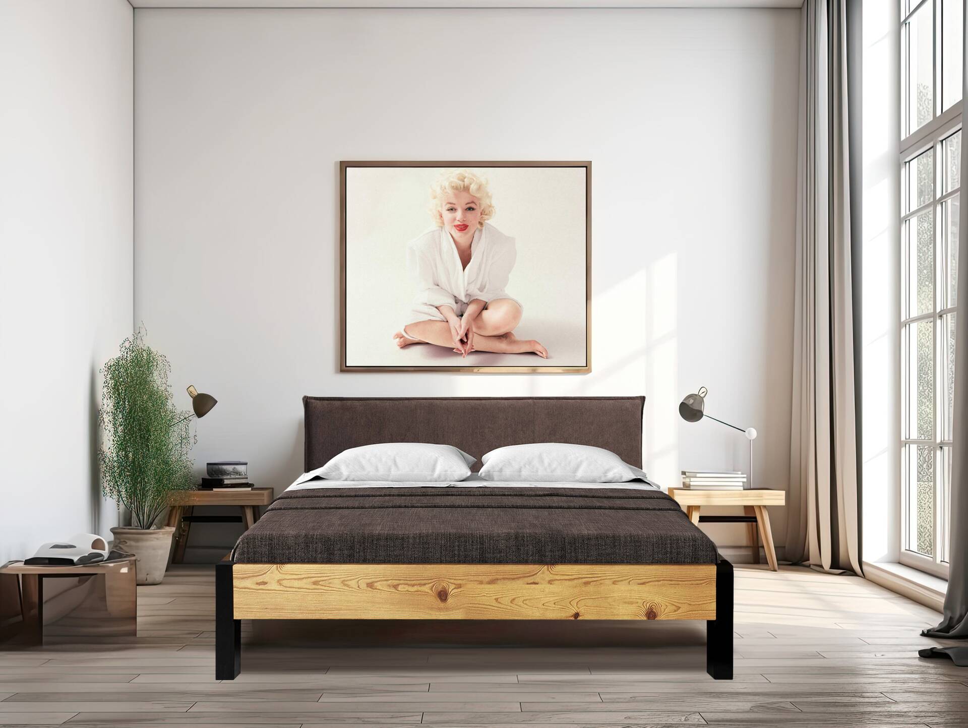 CURBY Bett mit Metallfuß und Polsterkopfteil, Material Massivholz, rustikale Altholzoptik, Fichte 120 x 200 cm | natur | Stoff Braun ohne Steppung