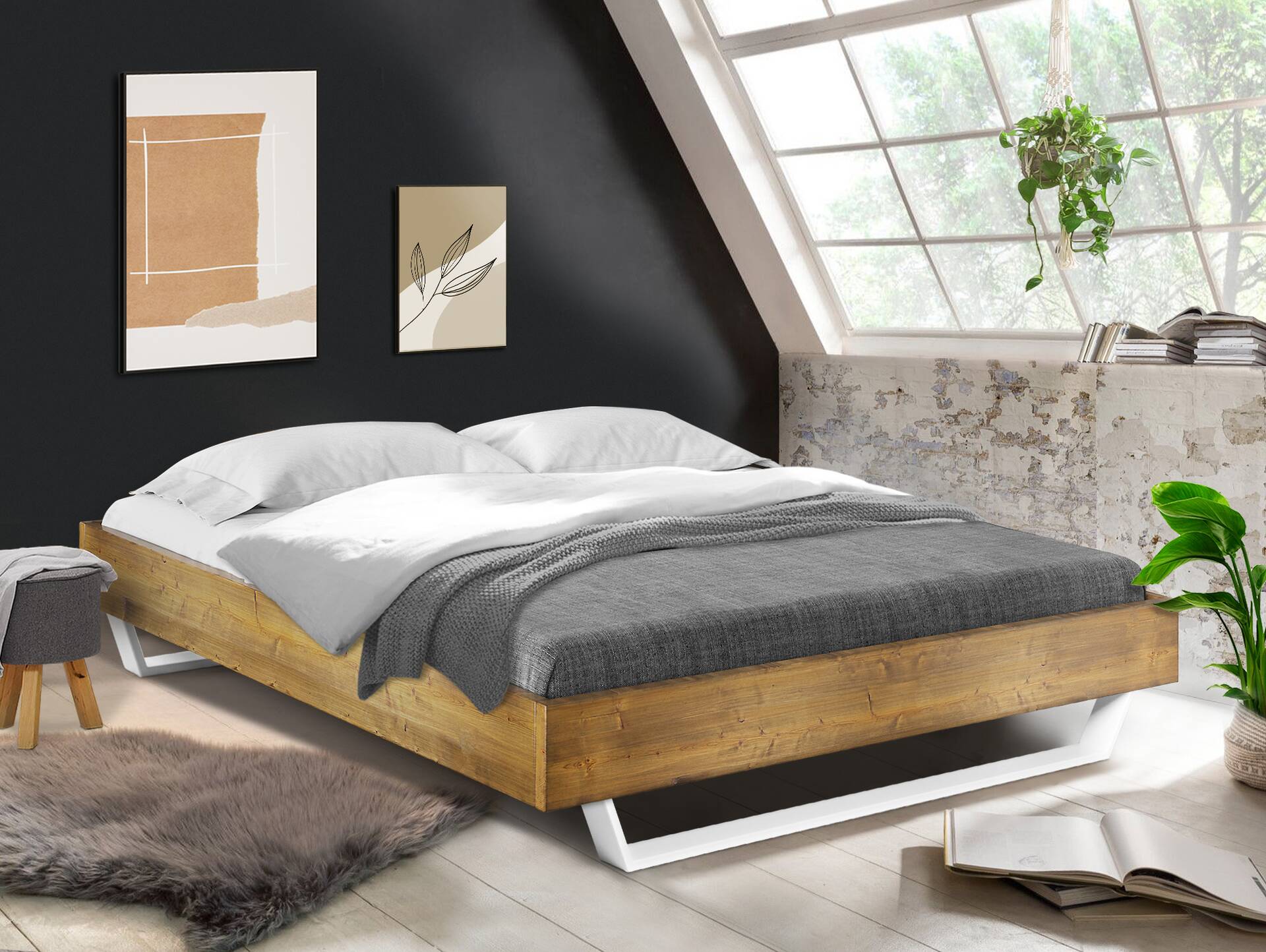 CURBY Kufenbett ohne Kopfteil, Material Massivholz, rustikale Altholzoptik, Kufen weiss 90 x 200 cm | vintage