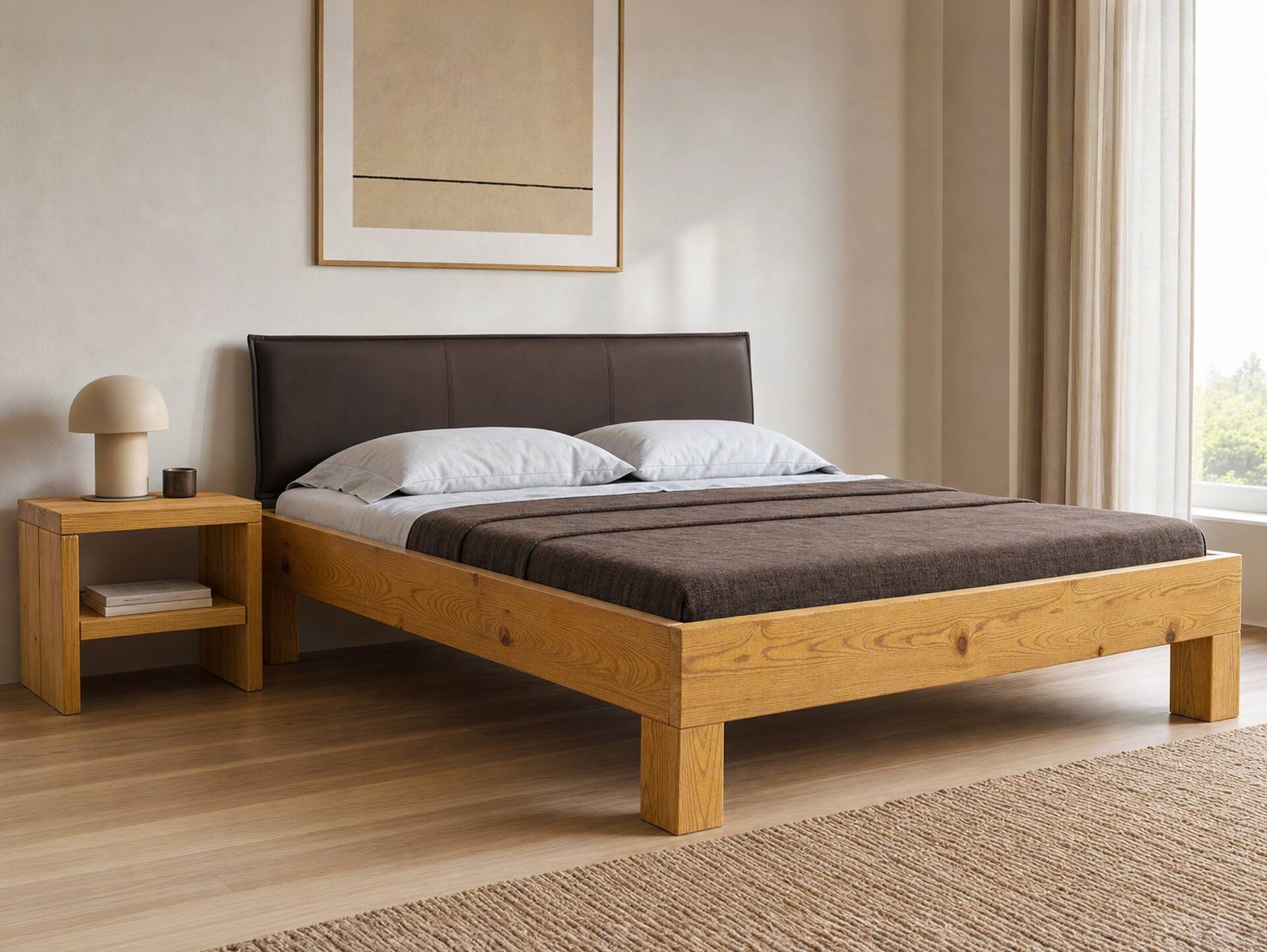 CURBY 4-Fuß-Bett mit Polsterkopfteil, Material Massivholz, rustikale Altholzoptik, Fichte 160 x 220 cm | natur | Kunstleder Braun ohne Steppung | Standardhöhe
