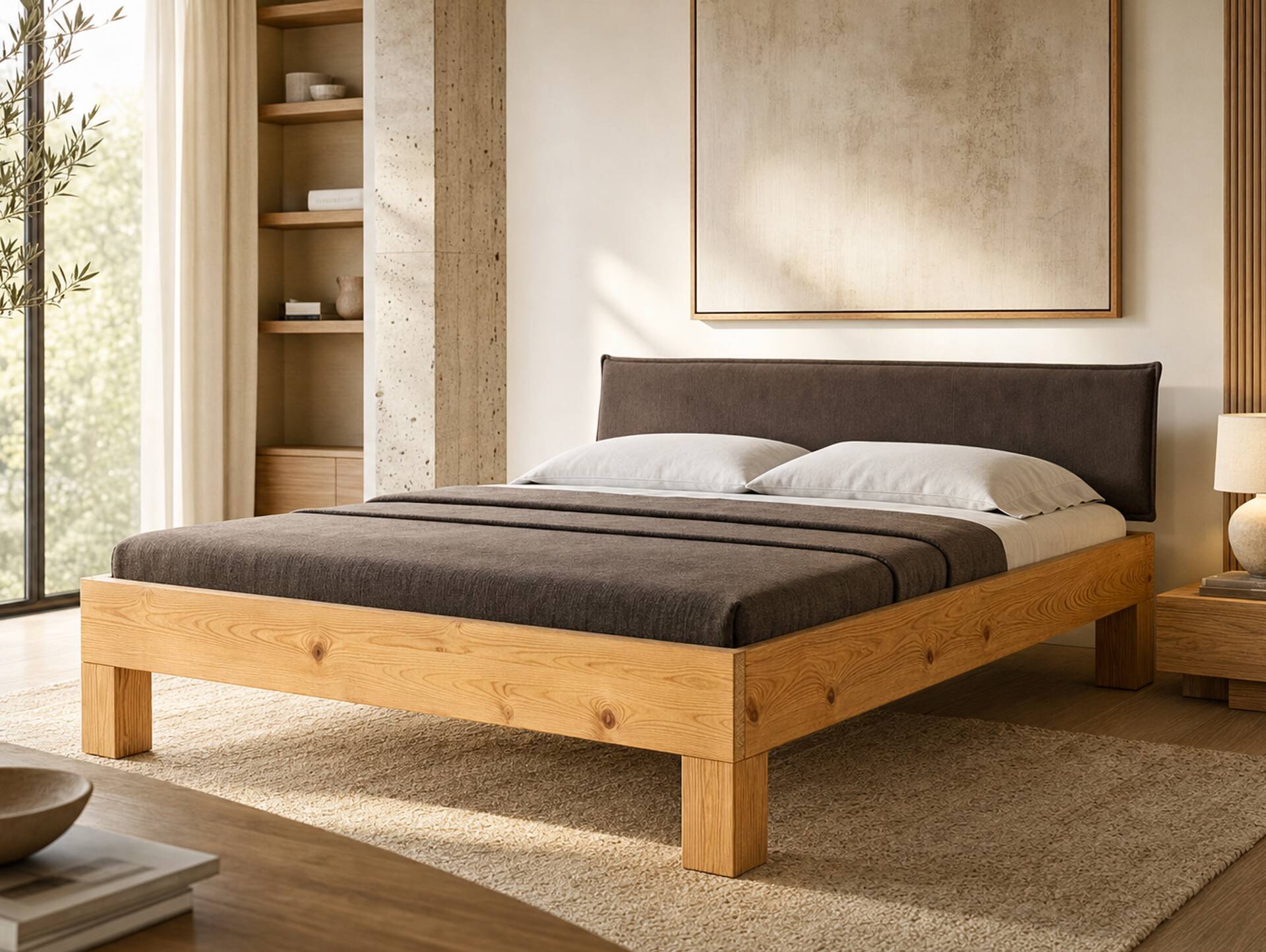 CURBY 4-Fuß-Bett mit Polsterkopfteil, Material Massivholz, rustikale Altholzoptik, Fichte 160 x 200 cm | natur | Stoff Braun ohne Steppung | Standardhöhe