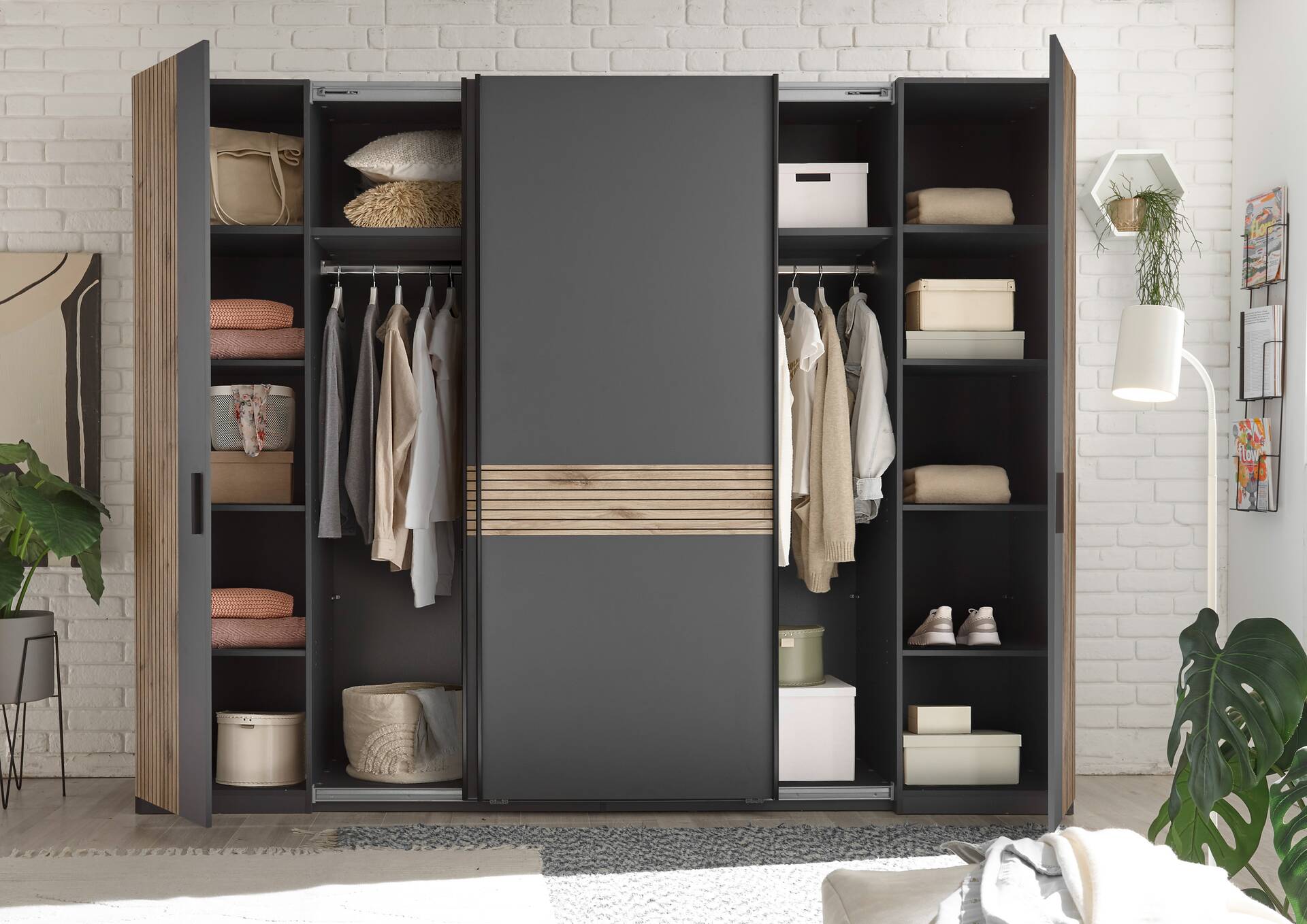 DETROIT Kleiderschrank, Material Dekorspanplatte, graphit/Eiche hell Nachbildung 
