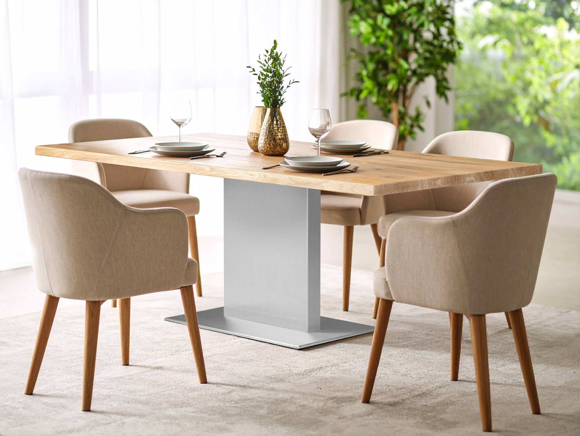 BUENA Säulentisch/Esszimmertisch nach Maß, Material Massivholz/Edelstahl 