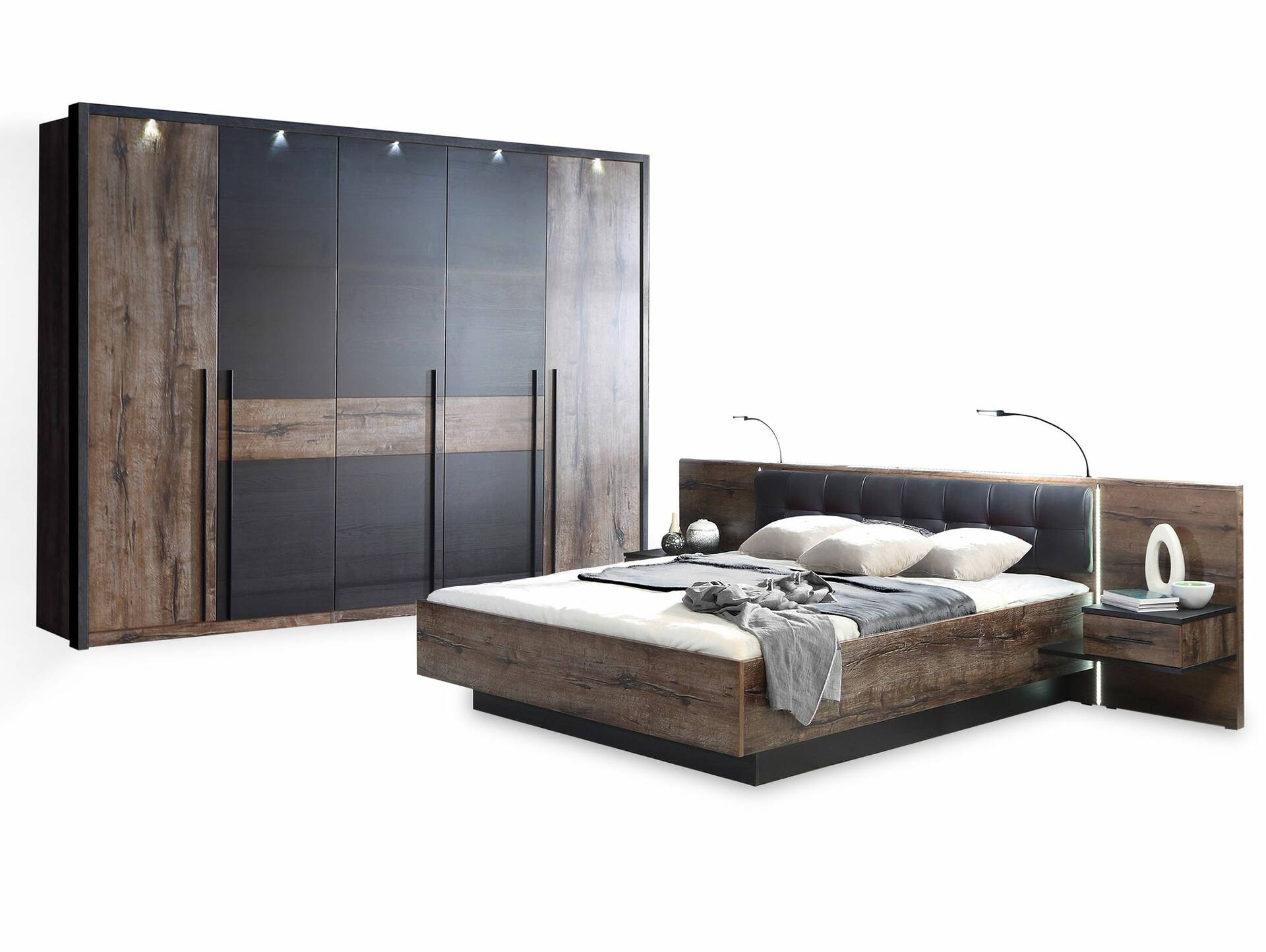 ERLIN Schlafzimmer, Material Dekorspanplatte, schwarzeichefarbig 180 x 200 cm | Drehtürenschrank