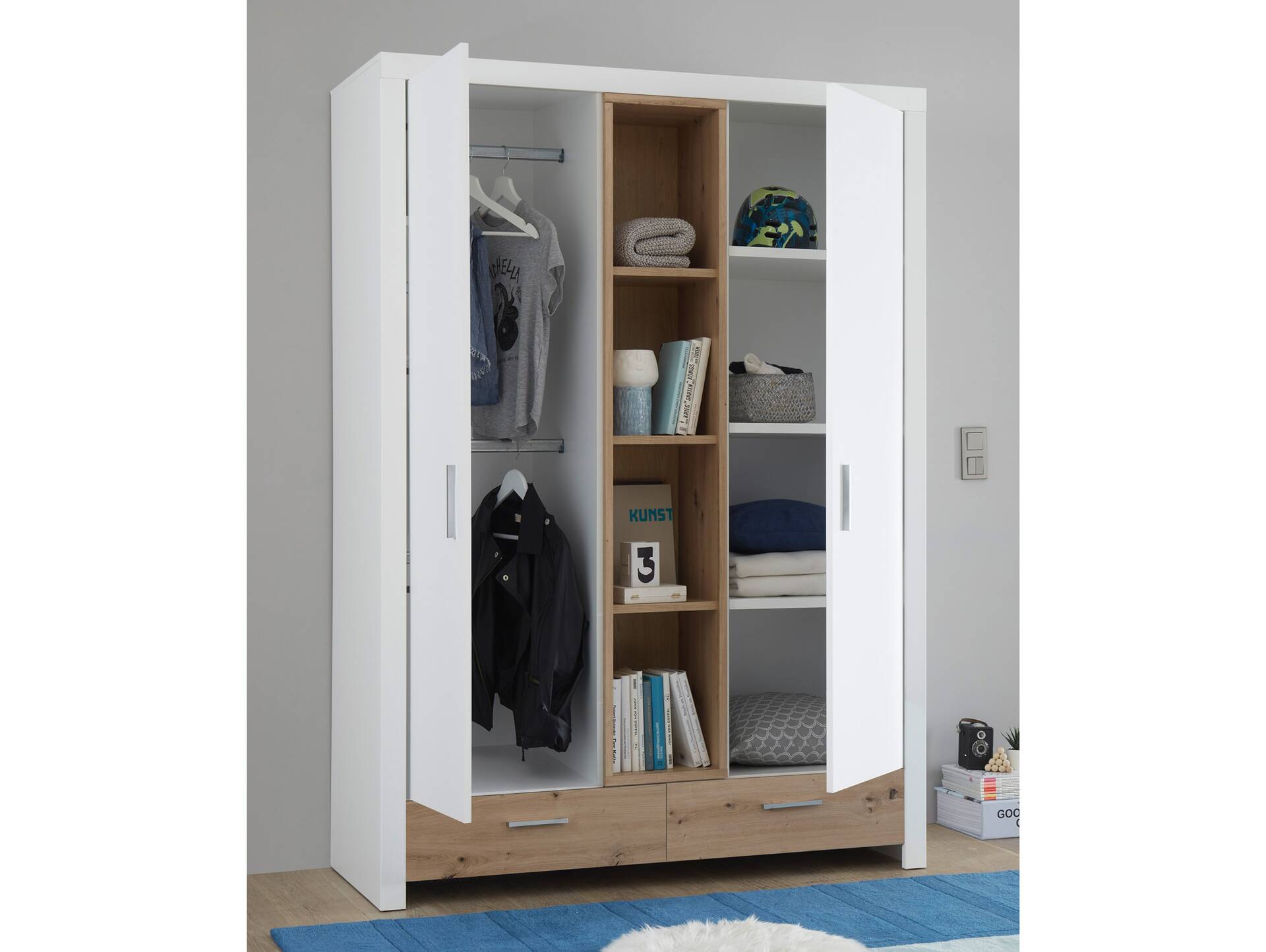 FABI Kleiderschrank 2türig, Material Spanplatte, weiß/Artisan Eichefarbig 