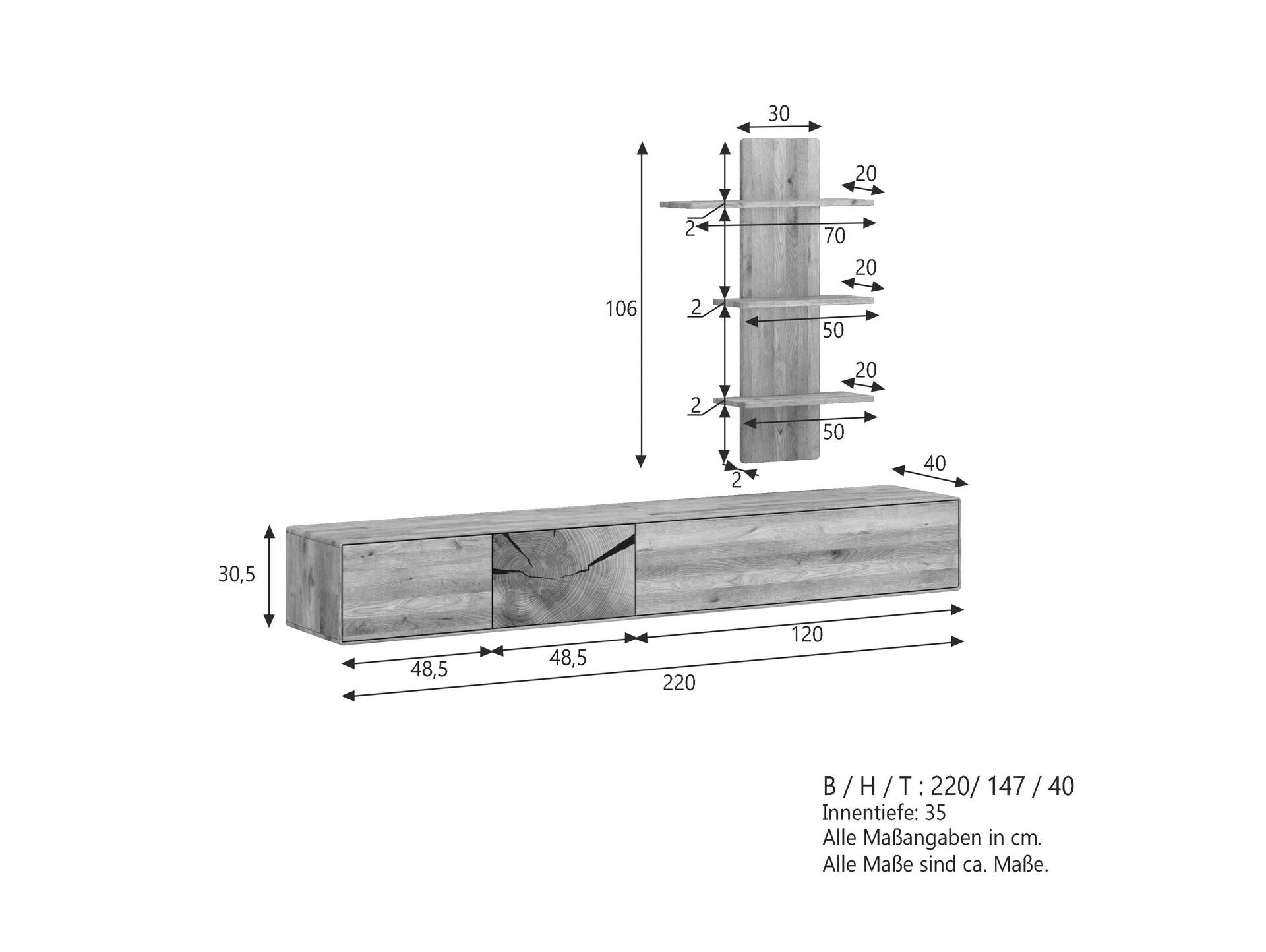 SARRAGOSSA Wandboard mit 3 Böden, Material Massivholz, Wildeiche geölt 