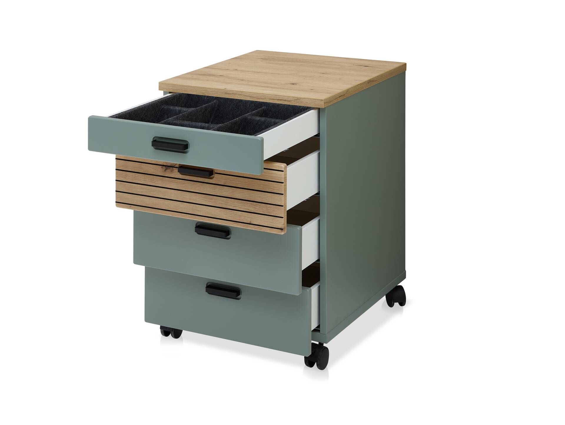 GENNY Rollcontainer, Material Dekorspanplatte Schilfgrün / Artisan Eichefarbig