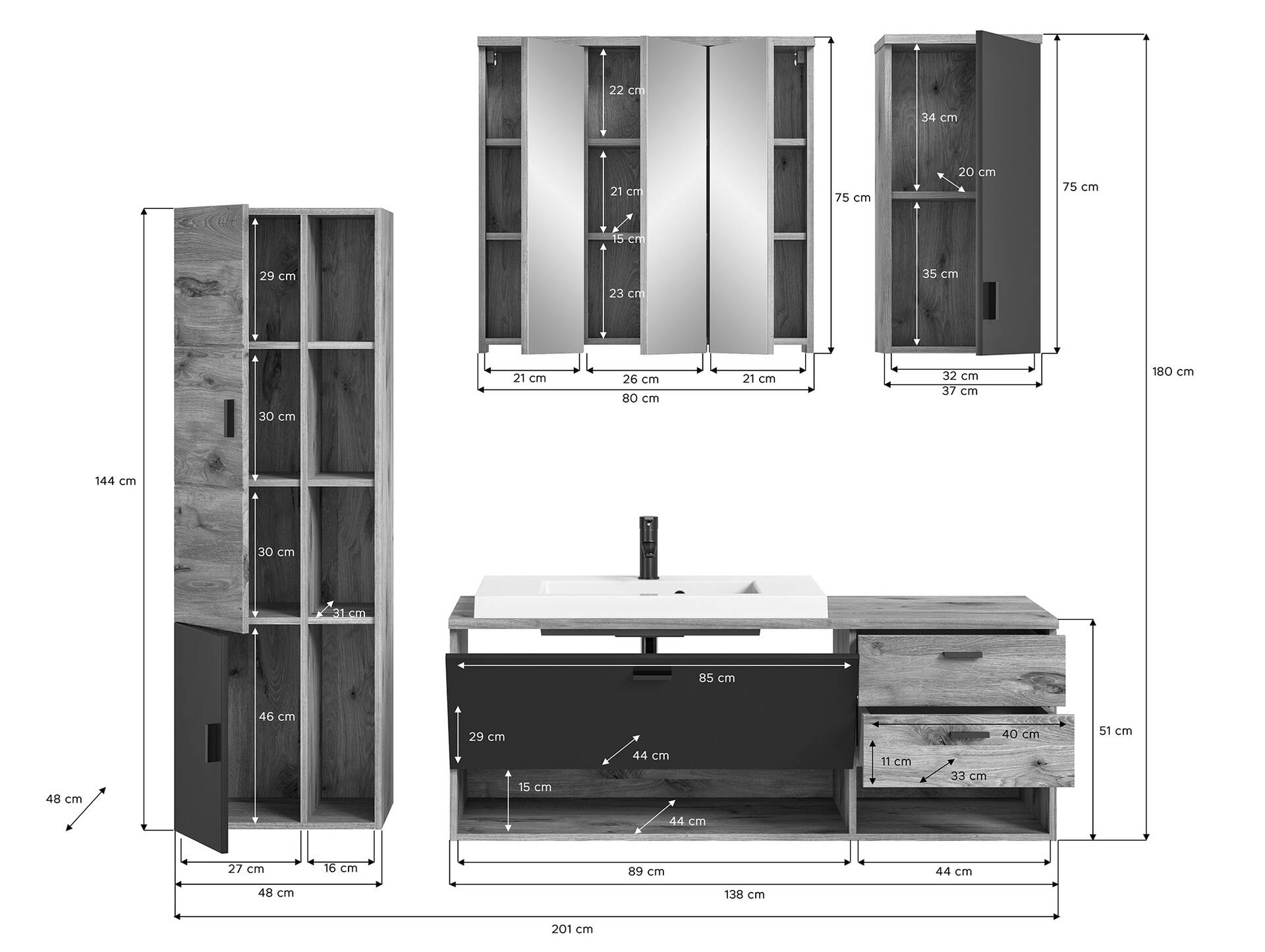GOLDENBAY Badezimmerset I, Material Dekorspanplatte, Nox Oak Nachbildung/Grau matt 