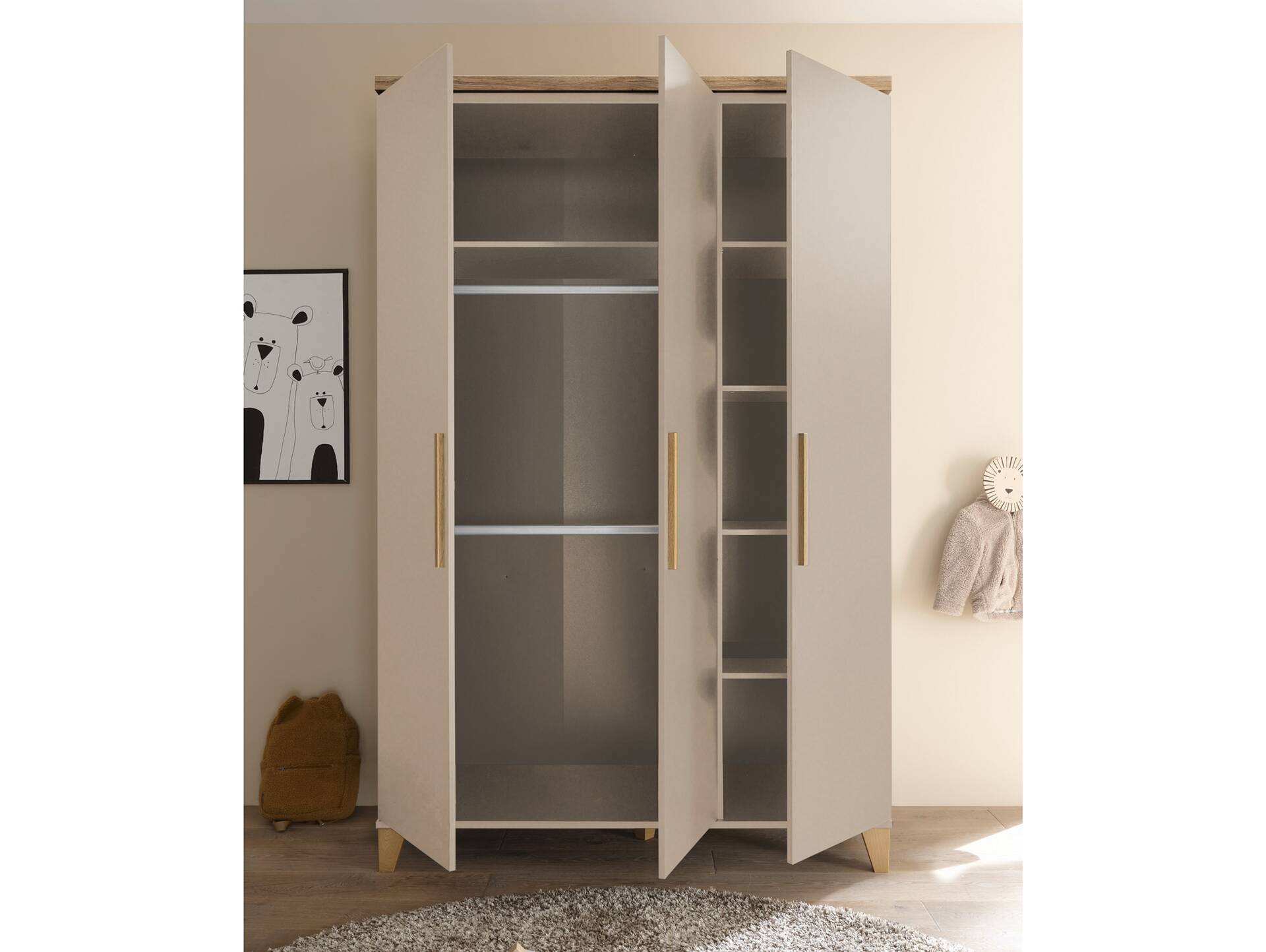 LENI Kleiderschrank 3türig, Material Spanplatte, Kaschmir/Eichefarbig 
