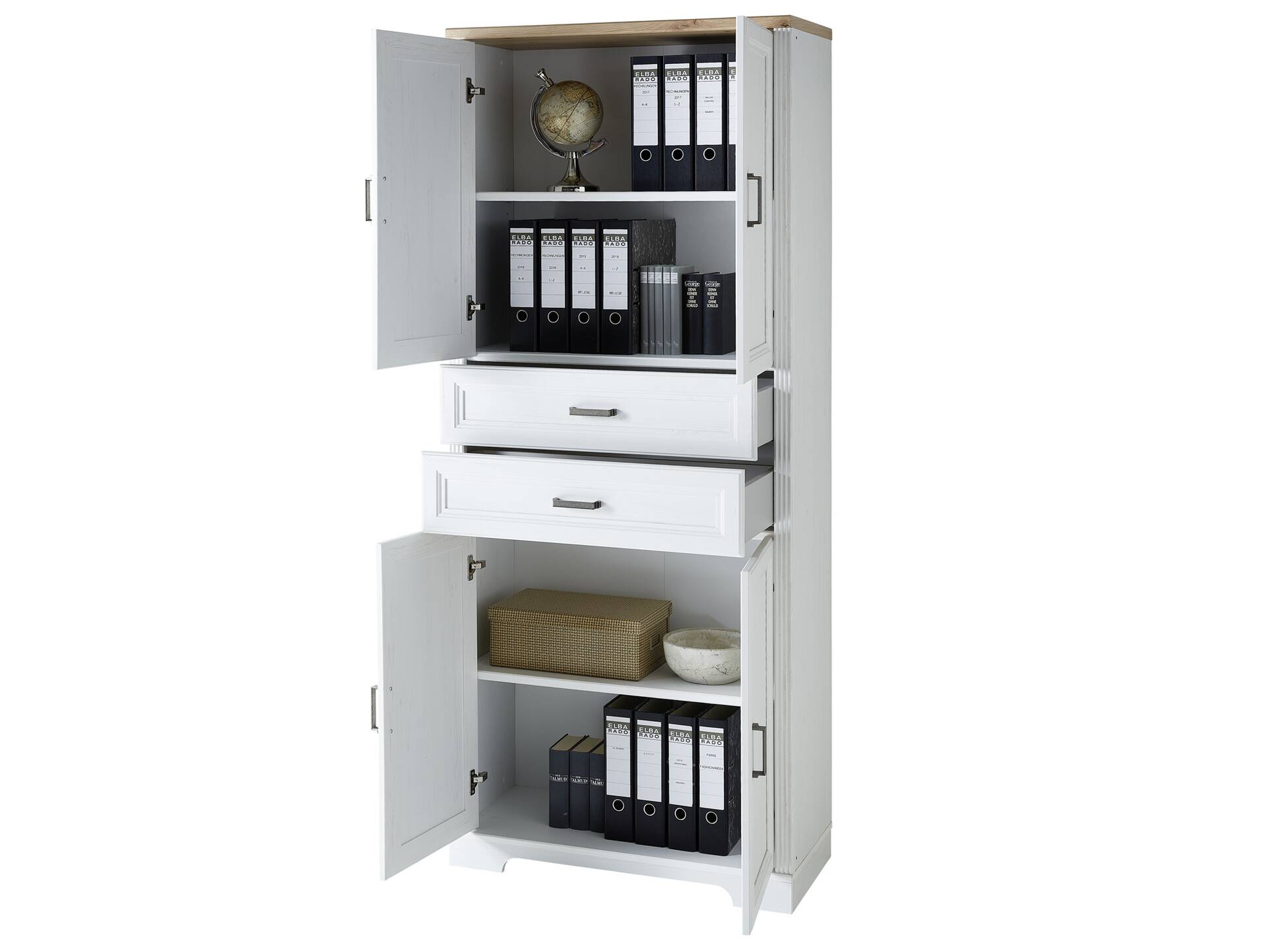 JADY Büroschrank, 4 Türen + 2 Schubkästen, Material MDF/Dekorspanplatte piniefarbig hell/eichefarbig