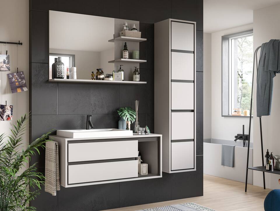 JOSSI Badspiegel mit Regal, Material Dekorspanplatte, Grau 