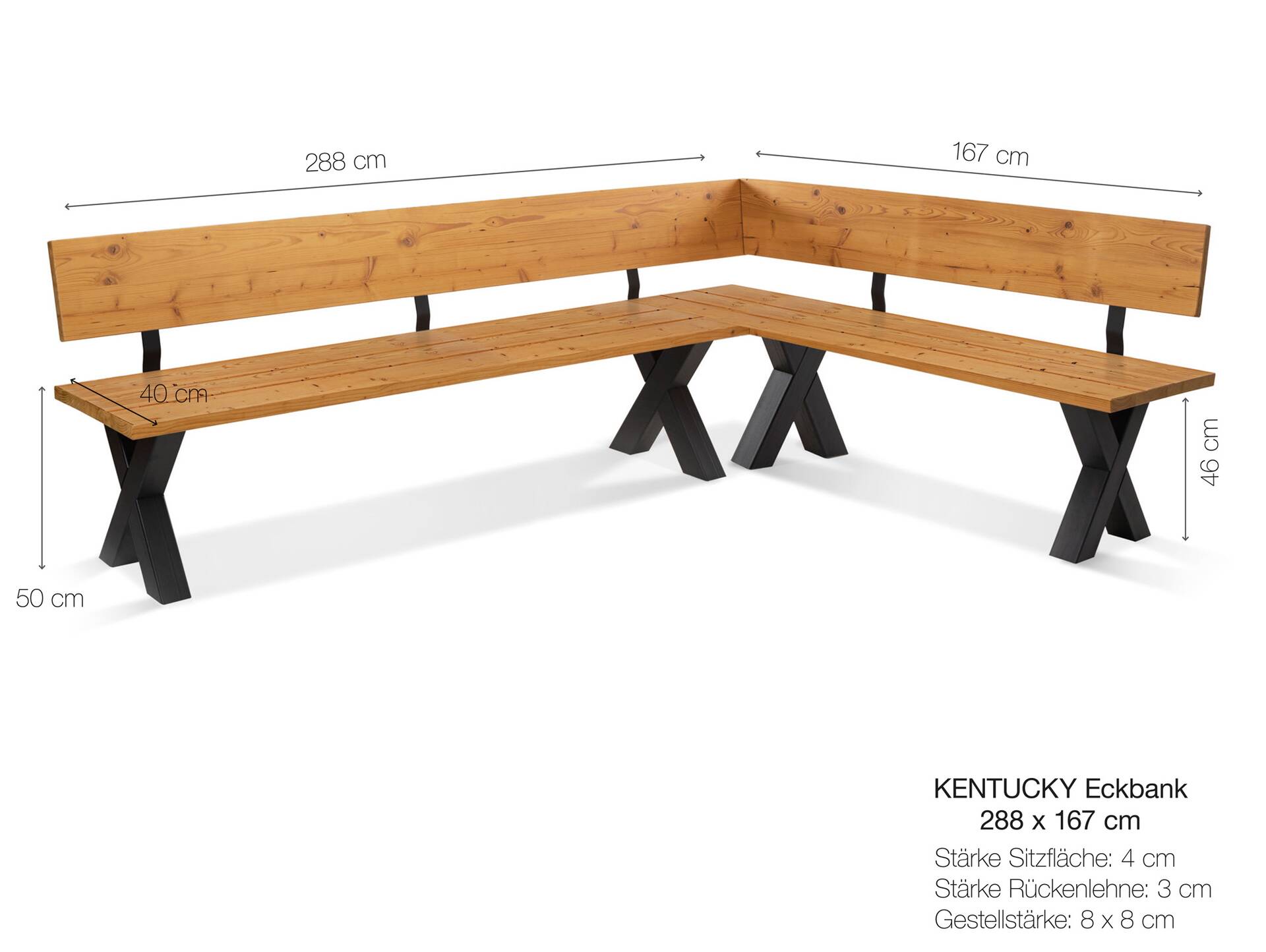 KENTUCKY Garten-Eckbank mit X-Beinen, Altholzoptik, Material Massivholz, THERMO-Fichte gebürstet/lasiert 288 x 167 cm | vintage