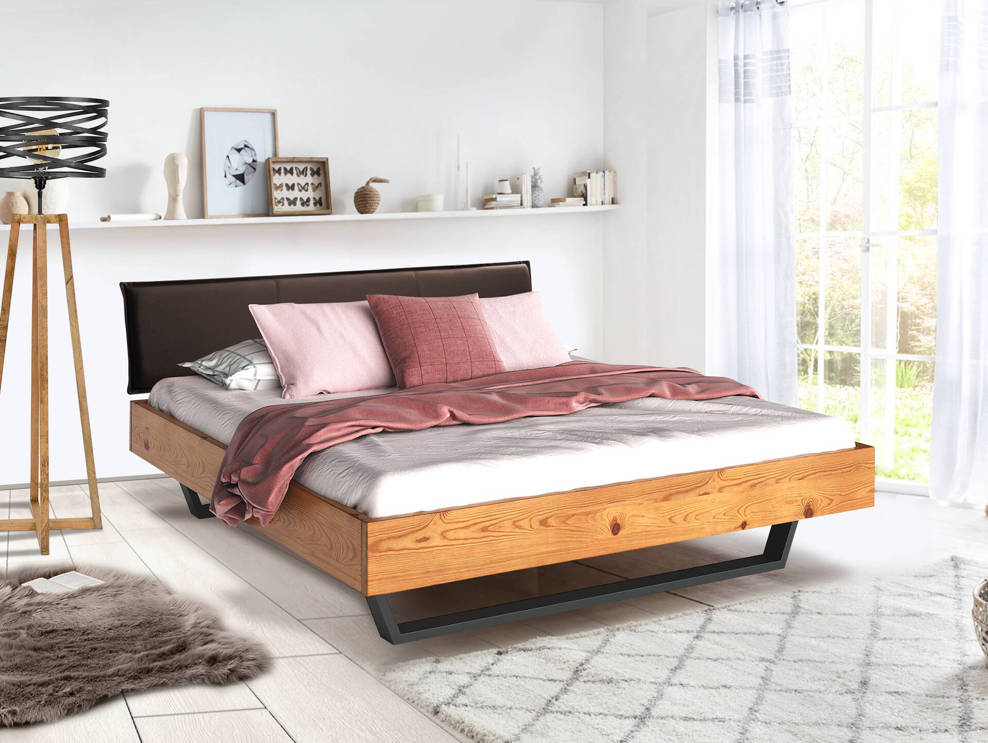 CURBY Kufenbett mit Polsterkopfteil, Material Massivholz, rustikale Altholzoptik, Fichte, Kufen schwarz 120 x 200 cm | natur | Stoff Braun ohne Steppung