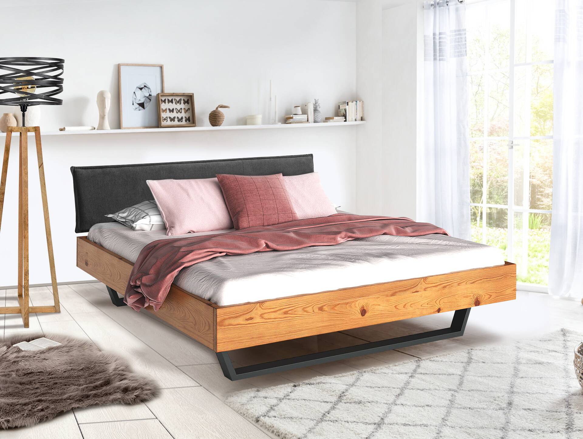 CURBY Kufenbett mit Polsterkopfteil, Material Massivholz, rustikale Altholzoptik, Fichte, Kufen schwarz 120 x 200 cm | natur | Stoff Anthrazit ohne Steppung