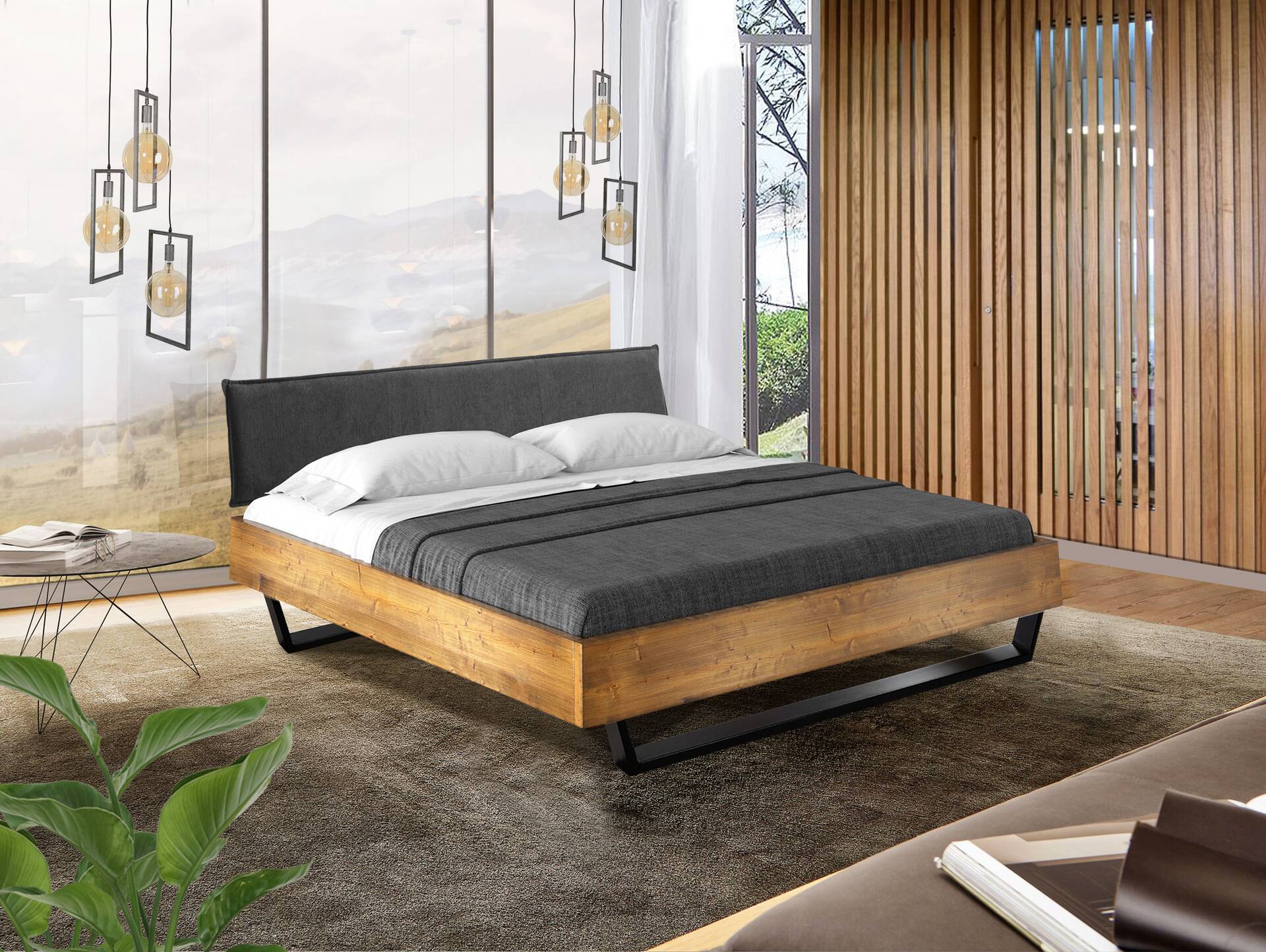 CURBY Kufenbett mit Polsterkopfteil, Material Massivholz, rustikale Altholzoptik, Fichte, Kufen schwarz 120 x 200 cm | vintage | Stoff Anthrazit ohne Steppung