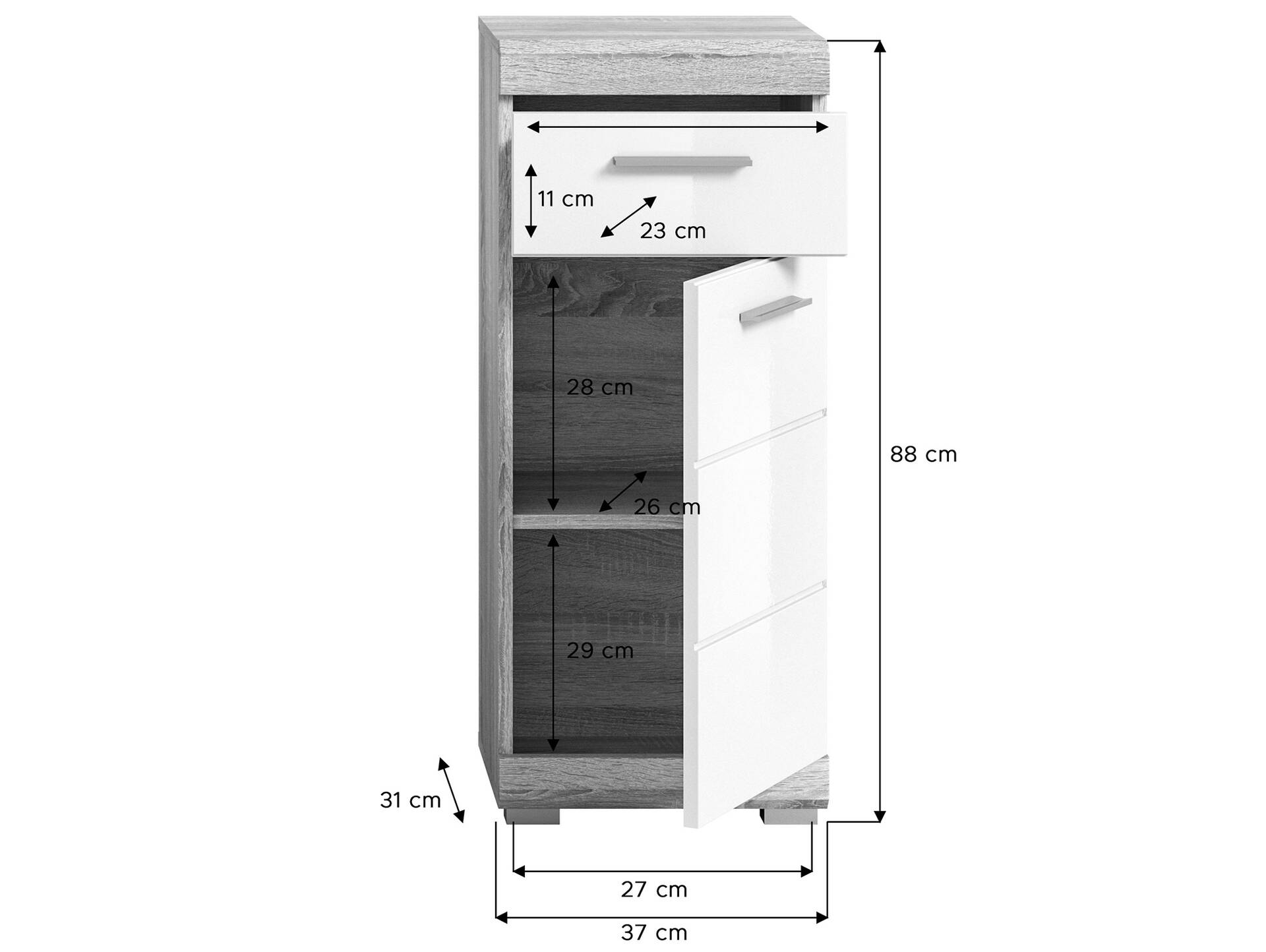 LUCERA Standschrank fürs Badezimmer, Material Dekorspanplatte, Weiss/Sonoma Eiche Nachbildung 