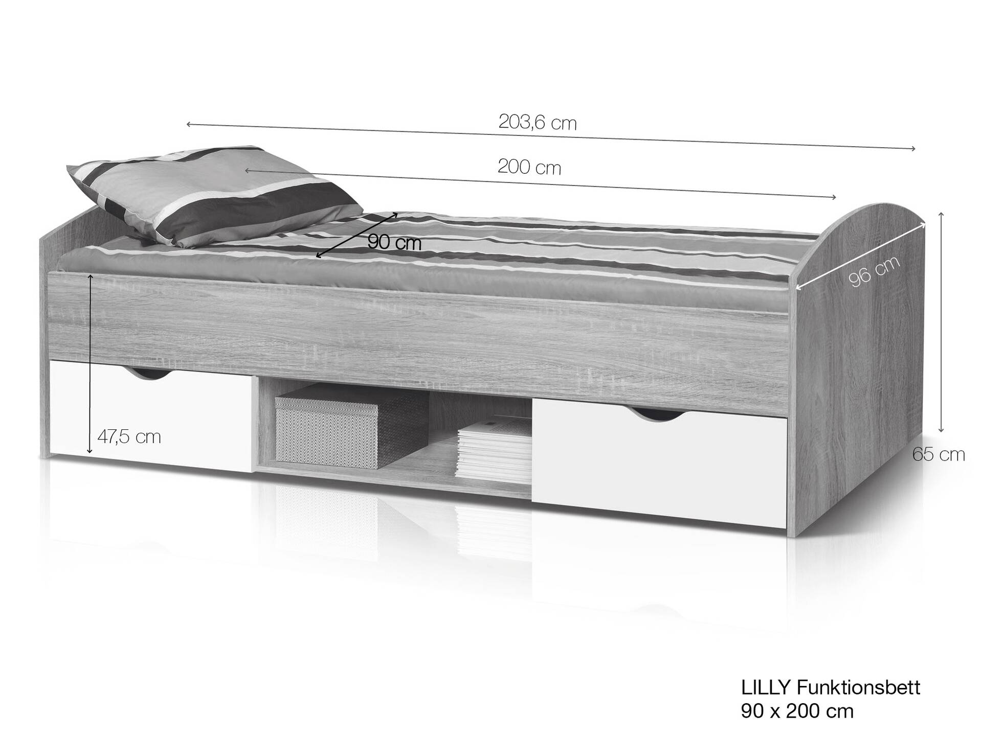 LILLY Jugendbett / Funktionsbett 90x200 cm, Material Dekorspanplatte betonfarbig/weiss