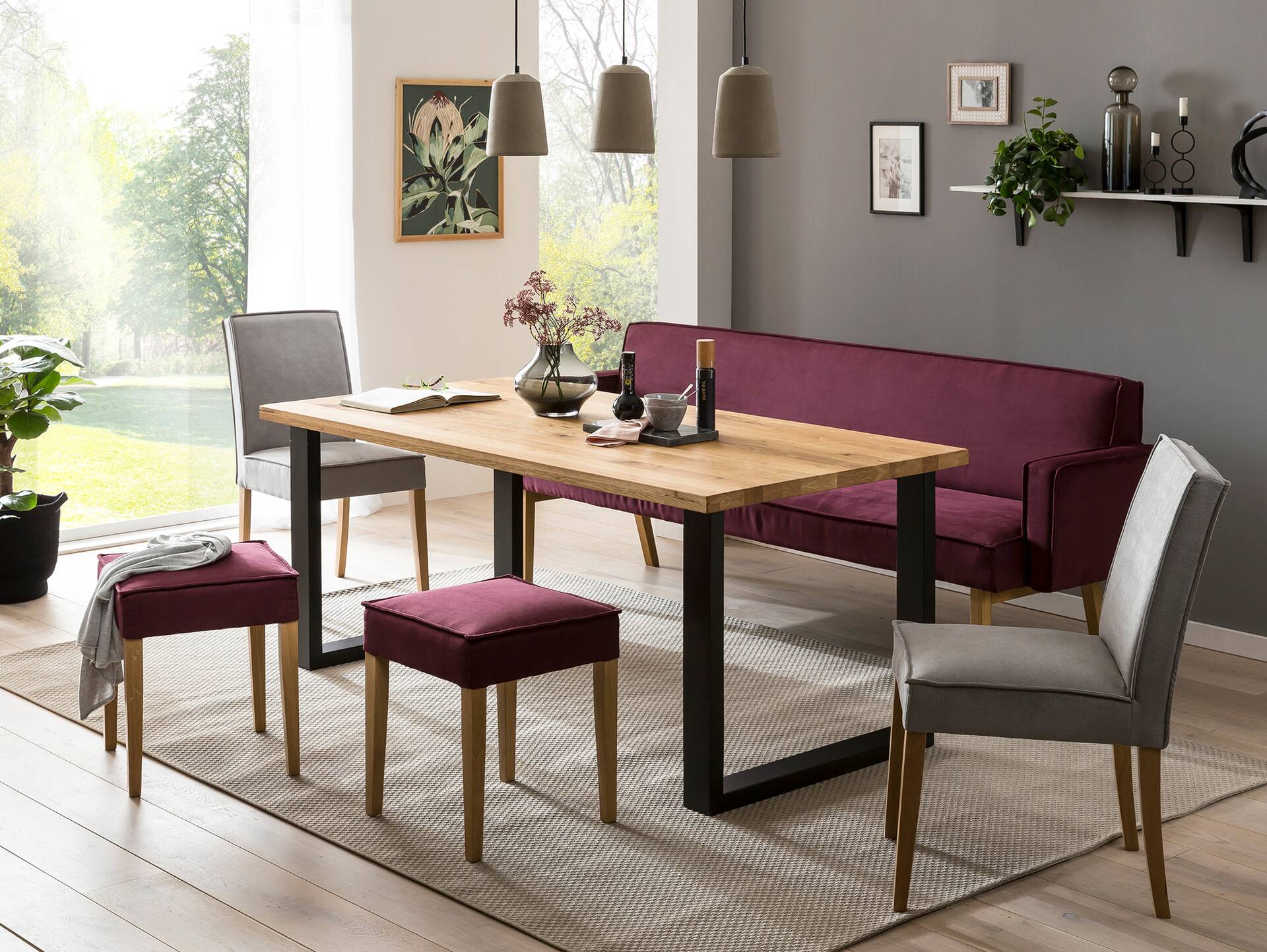 LORAN Polsterbank/Küchenbank mit Armlehnen, Material Massivholz Eiche, Stoffbezug in 2 Farben erhältlich 260 cm | Olivgrün