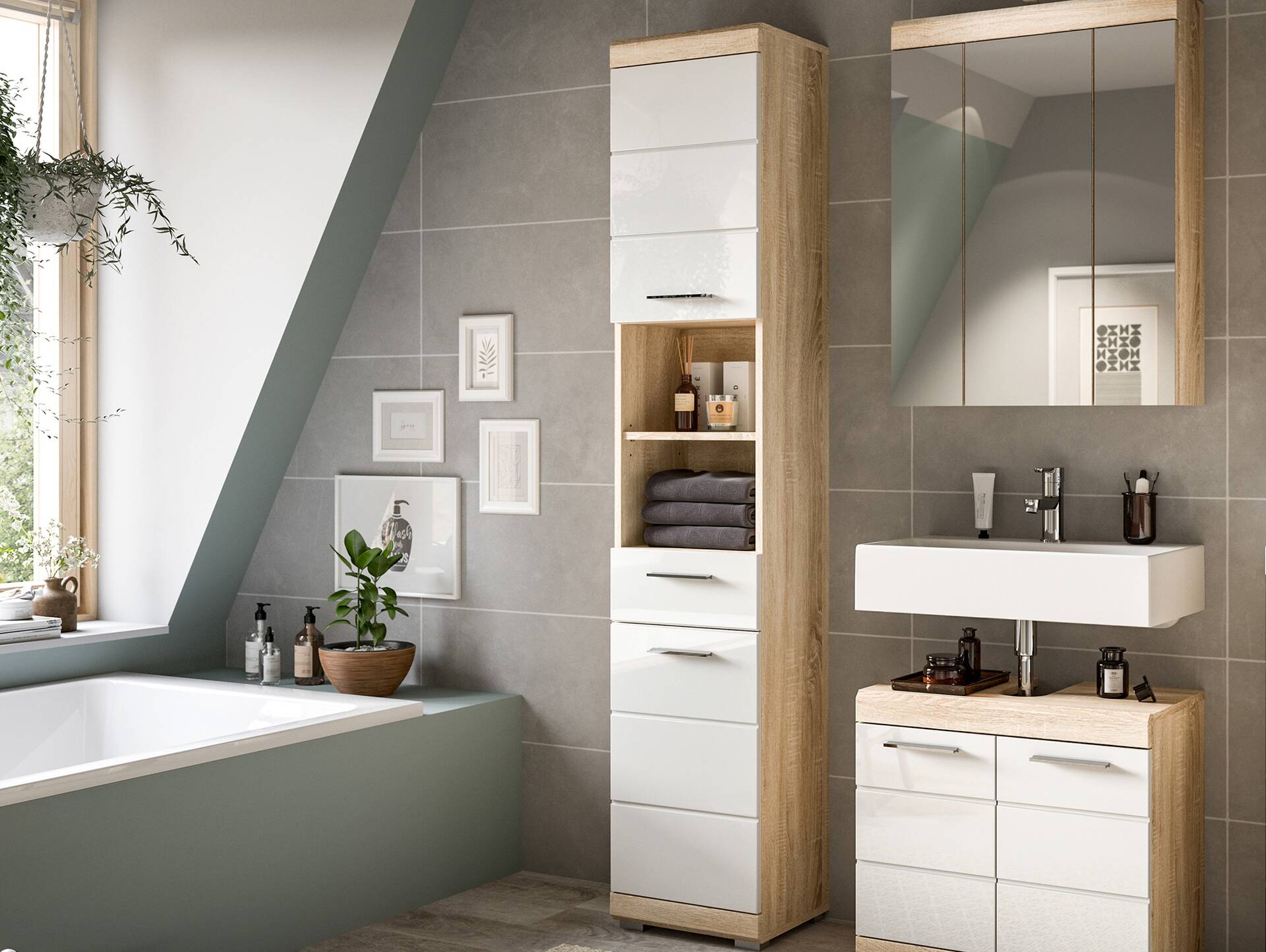 LUCERA Hochschrank fürs Badezimmer, Material Dekorspanplatte, Weiss/Sonoma Eiche Nachbildung 