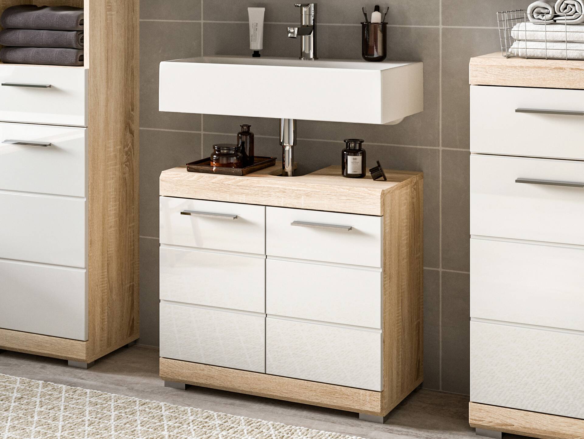 LUCERA Waschbeckenunterschrank, Material Dekorspanplatte, Weiss/Sonoma Eiche Nachbildung 