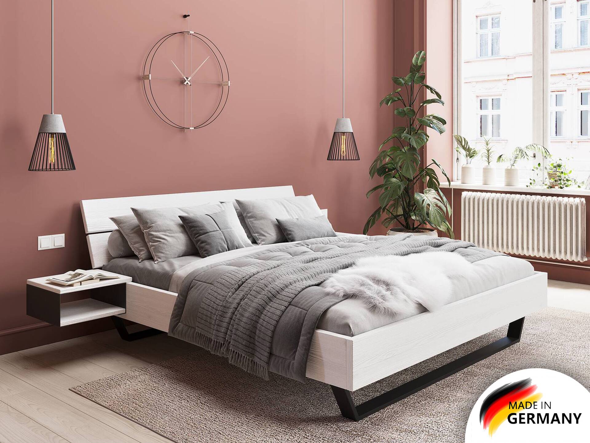 LUKY Kufenbett mit Kopfteil, Material Massivholz, Fichte weiss/Kufen schwarz 90 x 200 cm |  mit Kopfteil