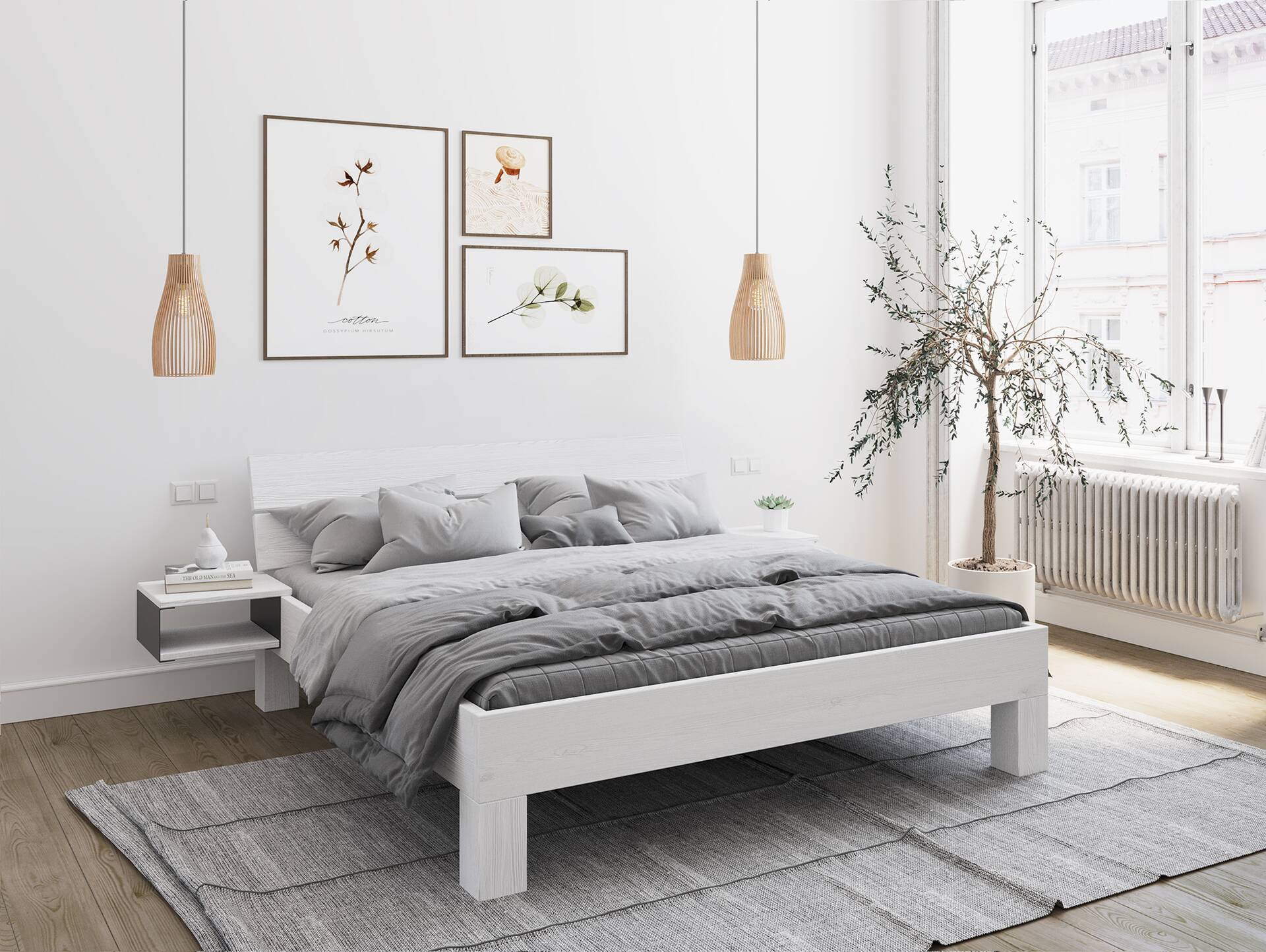 LUKY 4-Fuß-Massivholzbett mit Kopfteil, Fichte weiss 90 x 200 cm