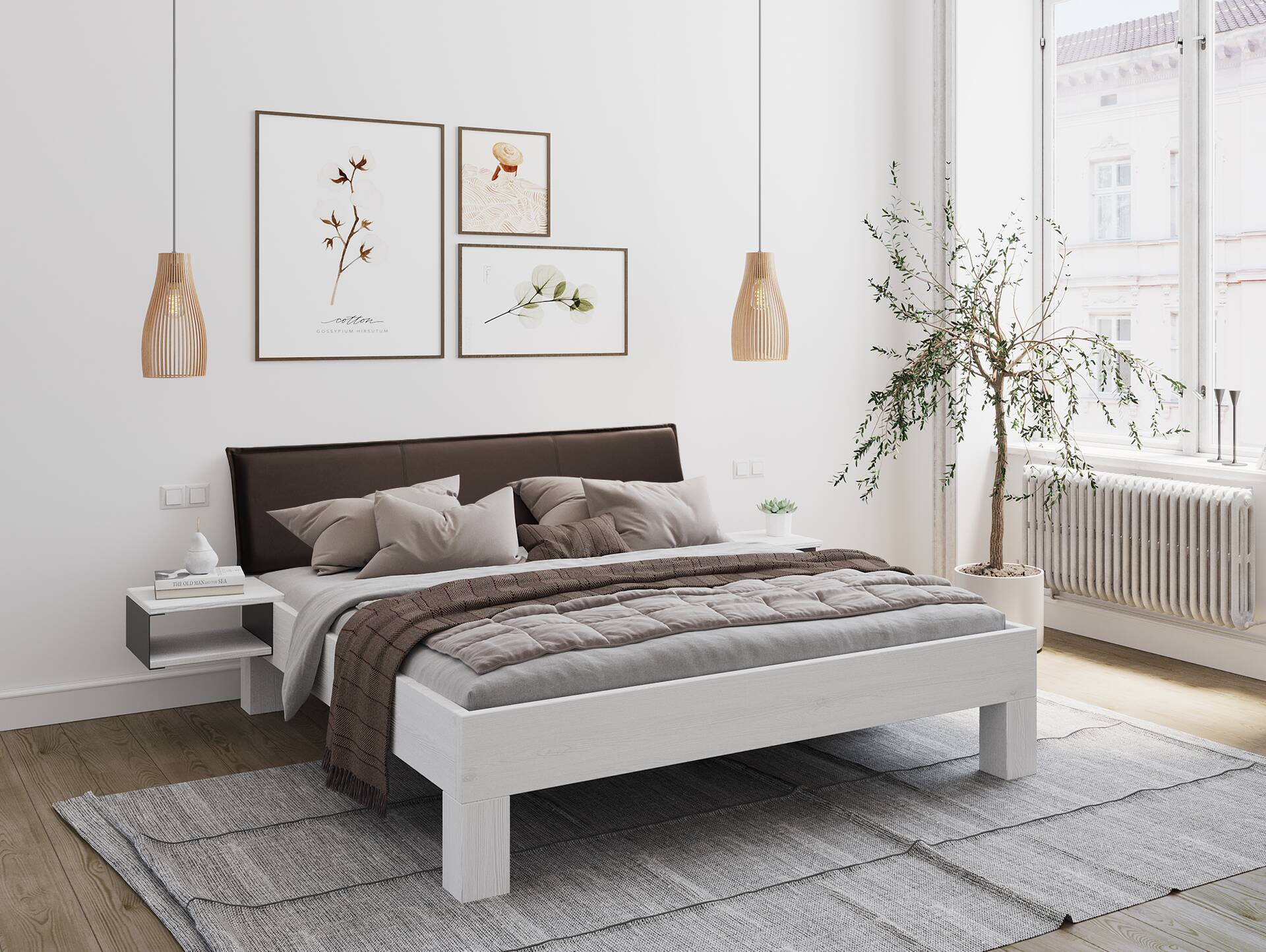 LUKY 4-Fuß-Massivholzbett mit Polsterkopfteil, Fichte weiss 140 x 200 cm | Kunstleder Braun