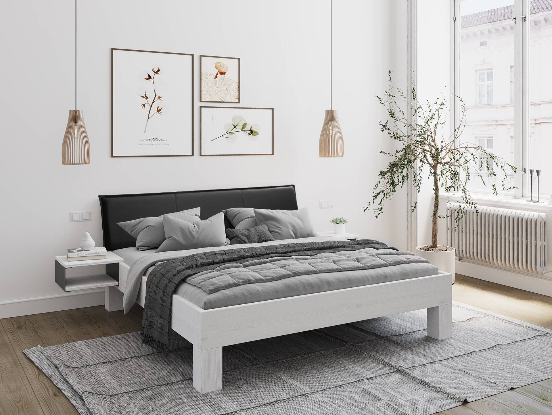 LUKY 4-Fuß-Bett mit Polster-Kopfteil, Material Massivholz, Fichte massiv 180 x 200 cm | weiss | Kunstleder Schwarz