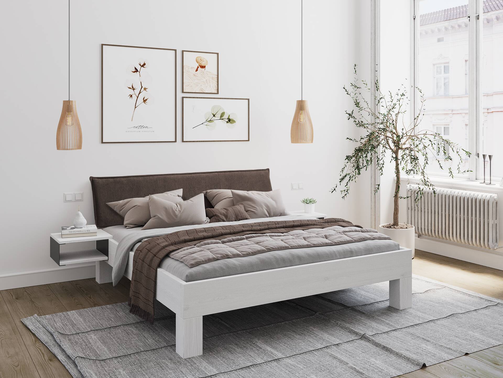 LUKY 4-Fuß-Massivholzbett mit Polsterkopfteil, Fichte weiss 120 x 200 cm | Stoff Braun