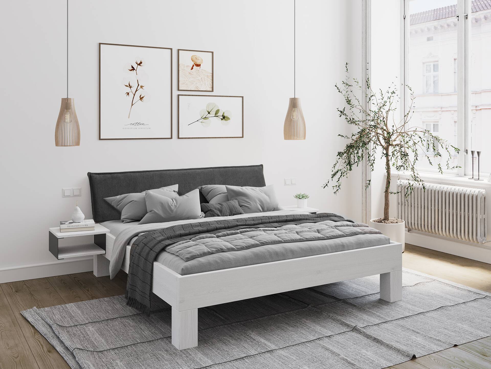 LUKY 4-Fuß-Massivholzbett mit Polsterkopfteil, Fichte weiss 120 x 200 cm | Stoff Anthrazit