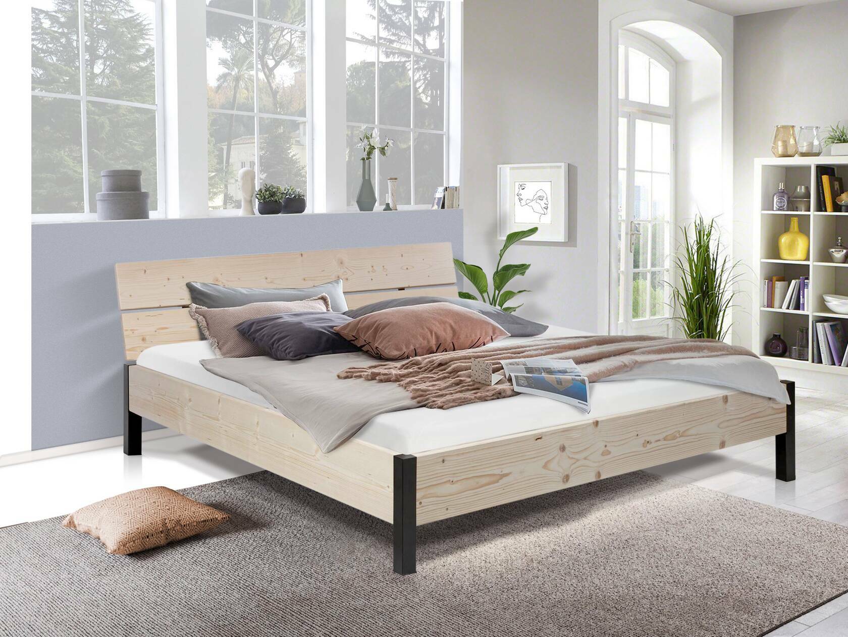 LUKY Bett Metallfuß, Material Massivholz, Fichte massiv, mit/ohne Kopfteil 120 x 200 cm | natur | mit Kopfteil
