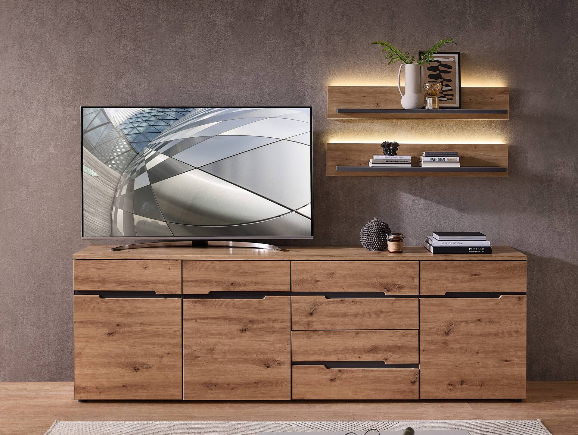 MAILAND TV-Sideboard, Material Dekorspanplatte Artisan eichefarbig / Graphit